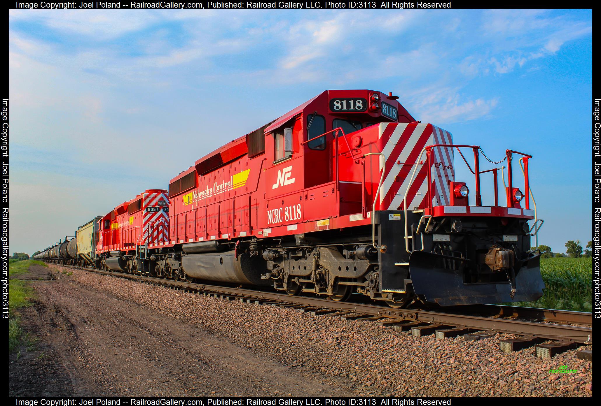 NCRC 8118 is a class EMD SD40-2 and  is pictured in Grand Island, Nebraska, USA.  This was taken along the Ord Sub on the Nebraska Central Railroad. Photo Copyright: Joel Poland uploaded to Railroad Gallery on 02/12/2024. This photograph of NCRC 8118 was taken on Friday, July 09, 2021. All Rights Reserved. 