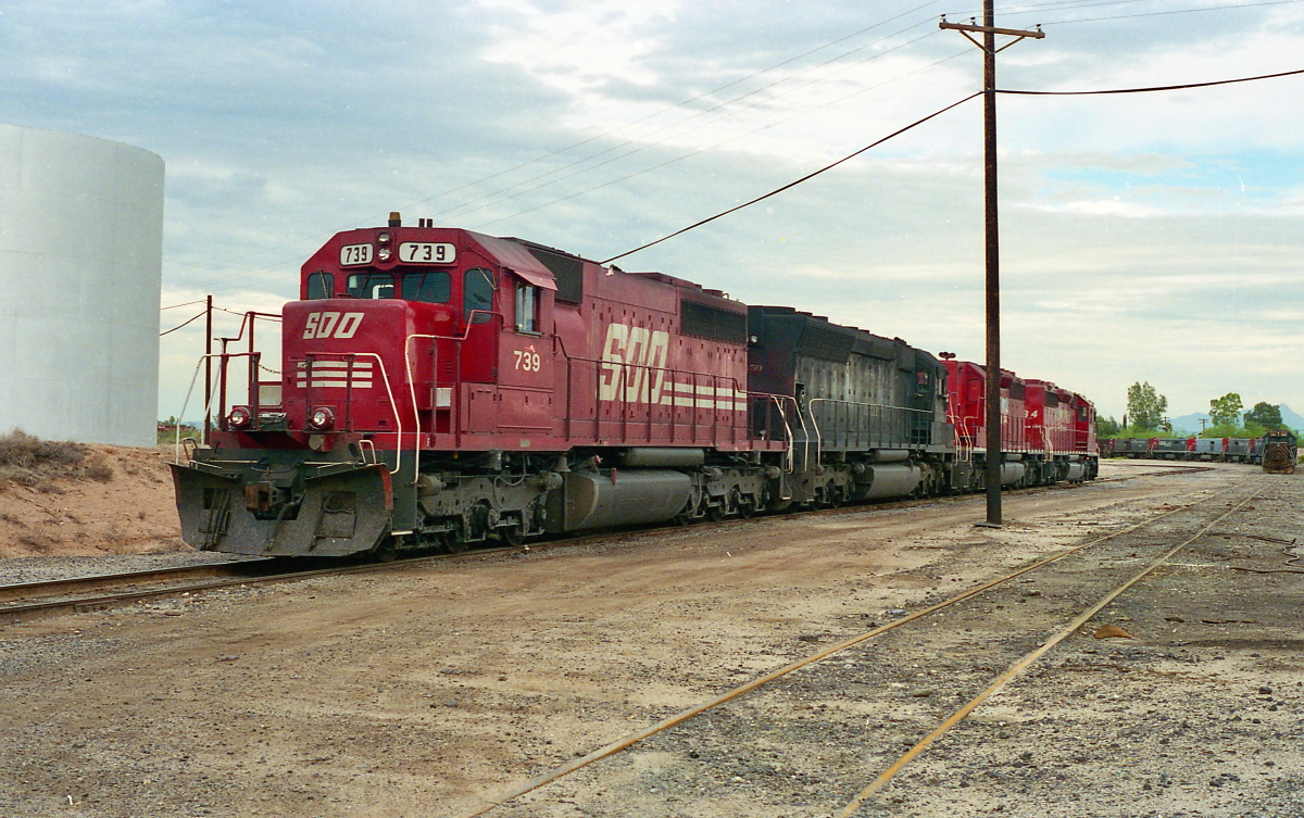 Soo 739 is a class EMD SD40 and  is pictured in Tucson, Arizona, USA.  This was taken along the Lordsburg/SP on the Soo Line. Photo Copyright: Rick Doughty uploaded to Railroad Gallery on 02/13/2024. This photograph of Soo 739 was taken on Friday, September 06, 1996. All Rights Reserved. 