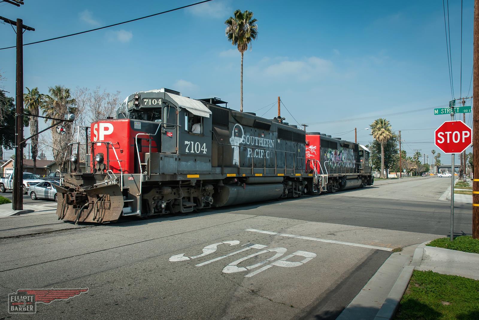 SP 7104 is a class GP40M-2 and  is pictured in Colton, California, United States.  This was taken along the Riverside Branch on the Union Pacific Railroad. Photo Copyright: Elliott  Barber uploaded to Railroad Gallery on 12/03/2022. This photograph of SP 7104 was taken on Thursday, February 26, 2009. All Rights Reserved. 