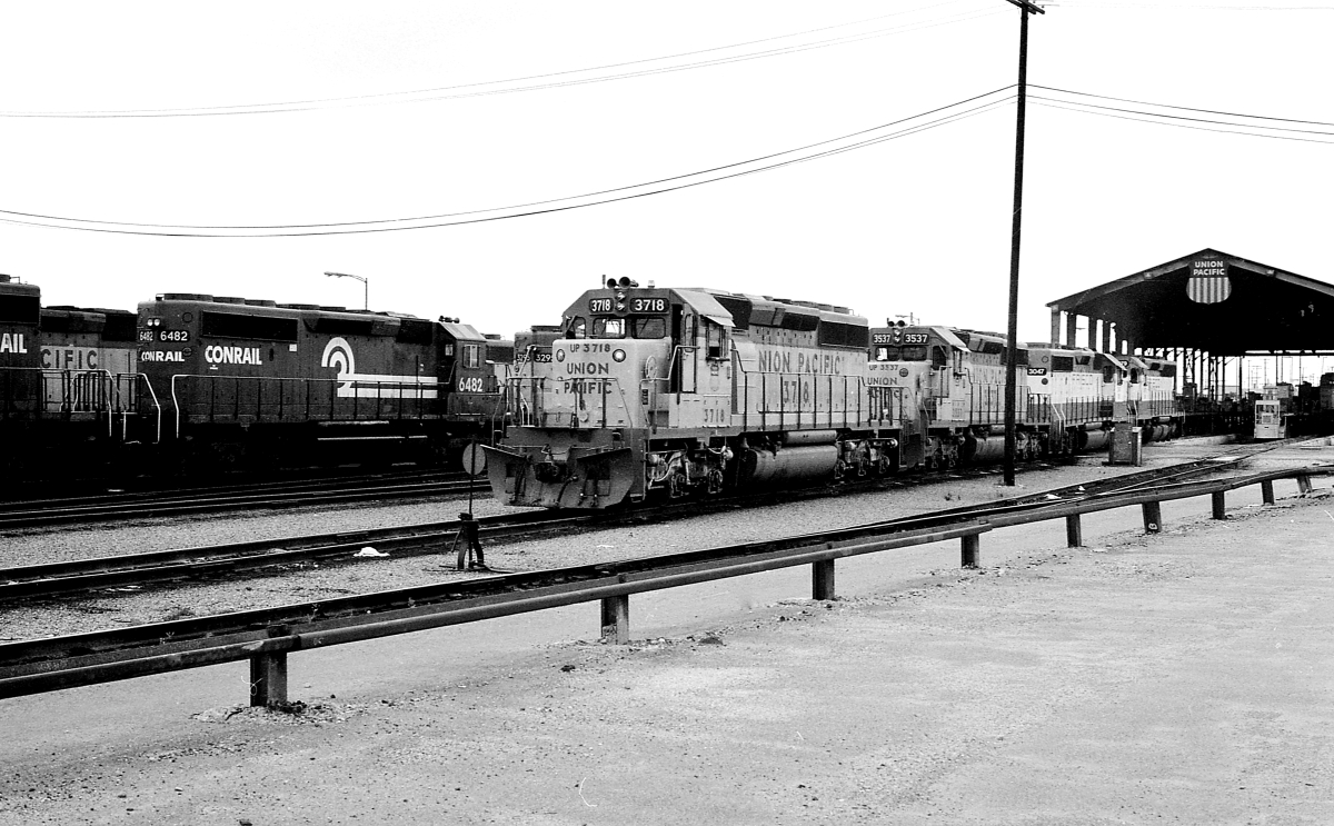 UP 3718 is a class EMD SD40-2 and  is pictured in Los Angeles, California, USA.  This was taken along the Los Angeles/UP on the Union Pacific Railroad. Photo Copyright: Rick Doughty uploaded to Railroad Gallery on 02/15/2024. This photograph of UP 3718 was taken on Friday, March 20, 1981. All Rights Reserved. 