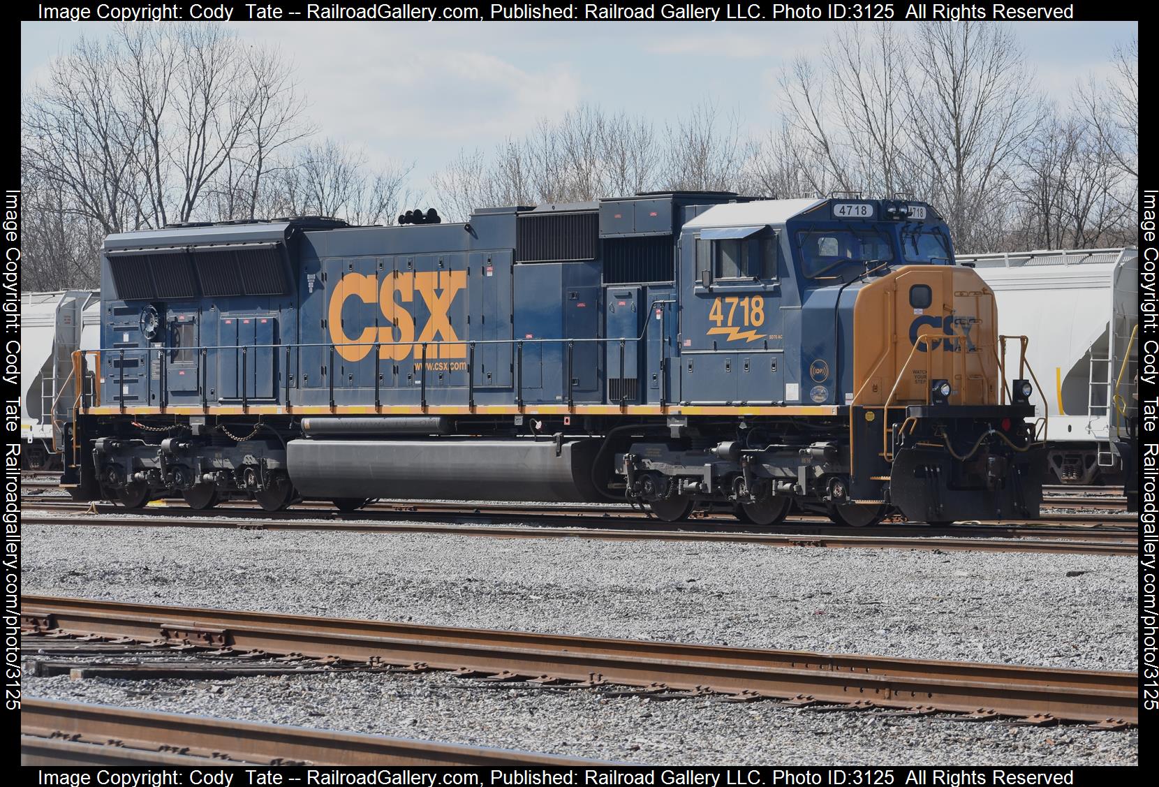 CSXT 4718 is a class SD70AC and  is pictured in Evansville , Indiana, USA.  This was taken along the CE&D subdivision  on the CSX Transportation. Photo Copyright: Cody  Tate uploaded to Railroad Gallery on 02/17/2024. This photograph of CSXT 4718 was taken on Thursday, February 15, 2024. All Rights Reserved. 