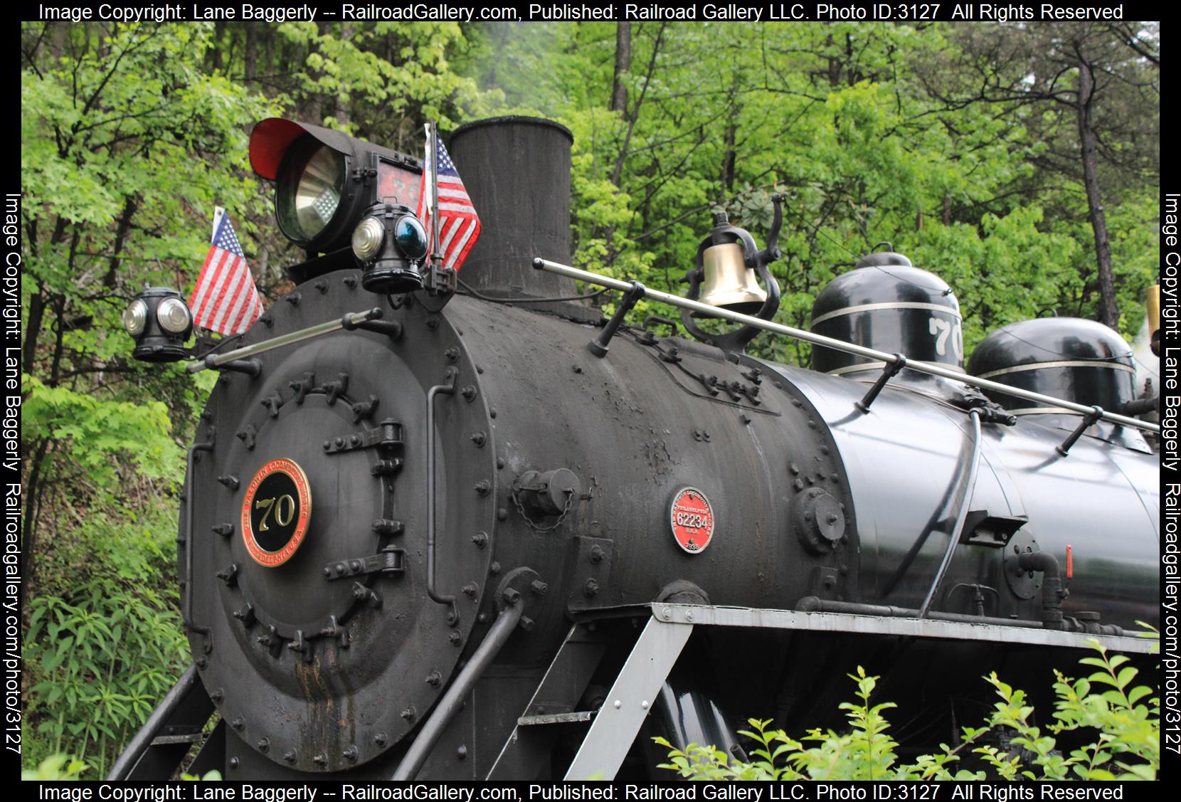 DWE 70 is a class 2-8-2 and  is pictured in Pigeon Forge , Tennessee, United States.  This was taken along the Dollywood on the Dollywood Express. Photo Copyright: Lane Baggerly uploaded to Railroad Gallery on 02/17/2024. This photograph of DWE 70 was taken on Sunday, May 08, 2022. All Rights Reserved. 