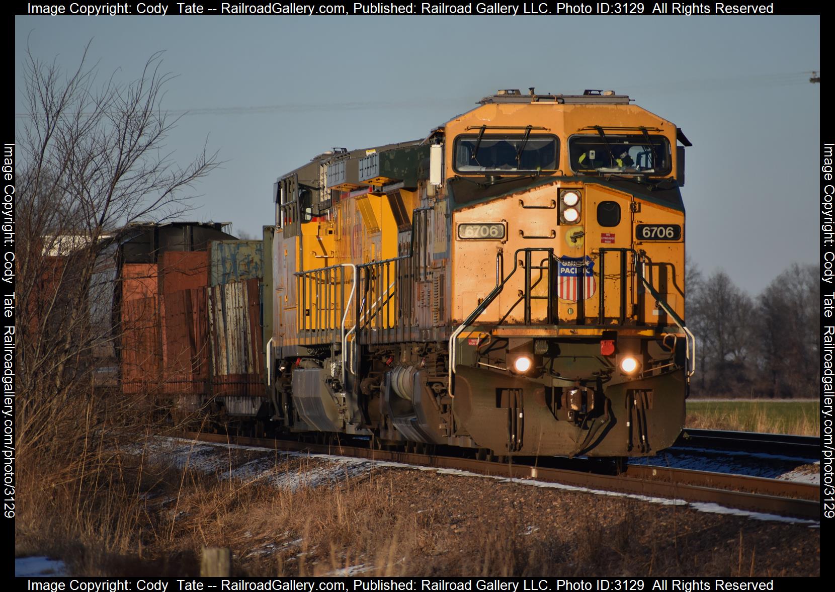 UP 6706 is a class AC44CW and  is pictured in Salem, Illinois, United States.  This was taken along the Mount Vernon sub on the Union Pacific Railroad. Photo Copyright: Cody  Tate uploaded to Railroad Gallery on 02/18/2024. This photograph of UP 6706 was taken on Sunday, February 18, 2024. All Rights Reserved. 