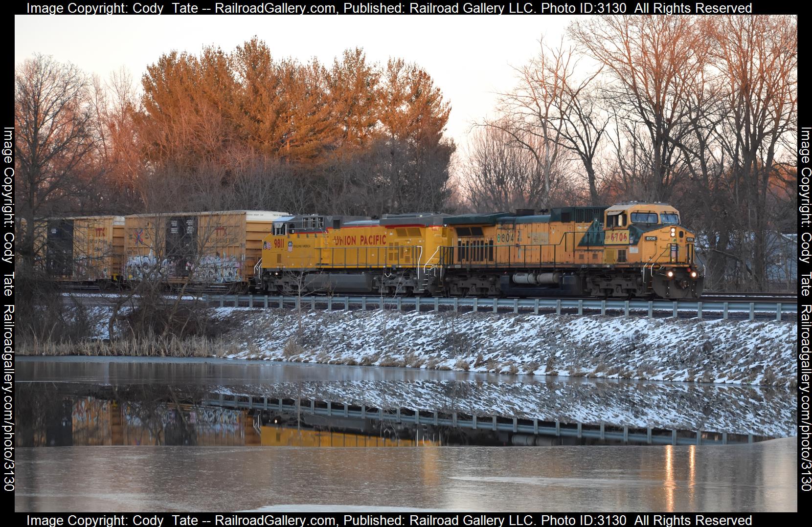 UP 6706 is a class AC44CW  and  is pictured in Salem, Illinois, United States.  This was taken along the Mount Vernon sub on the Union Pacific Railroad. Photo Copyright: Cody  Tate uploaded to Railroad Gallery on 02/18/2024. This photograph of UP 6706 was taken on Sunday, February 18, 2024. All Rights Reserved. 