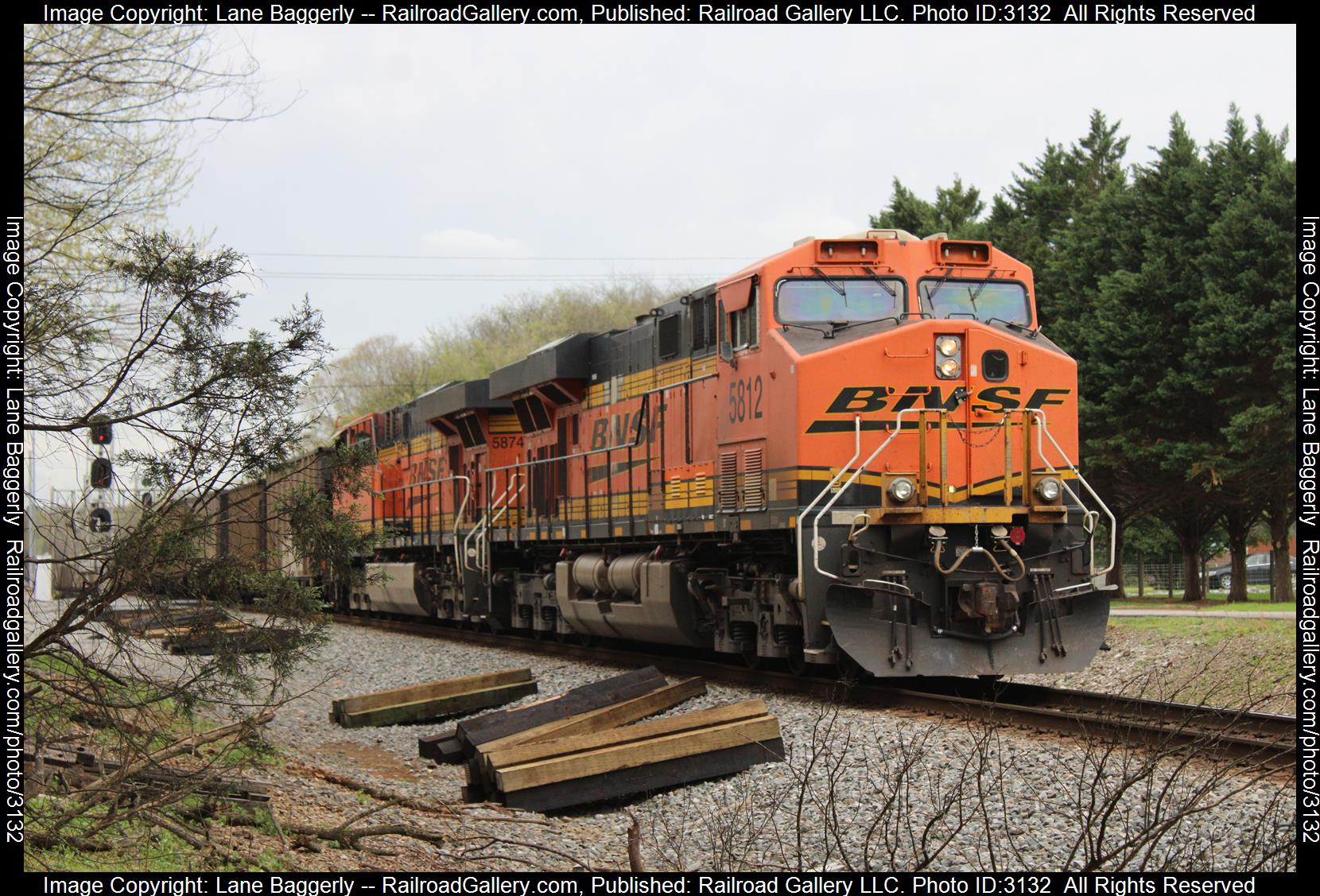 BNSF 5812 is a class GE ES44AC and  is pictured in Aragon, Georgia, United States.  This was taken along the Atlanta North End on the Norfolk Southern. Photo Copyright: Lane Baggerly uploaded to Railroad Gallery on 02/19/2024. This photograph of BNSF 5812 was taken on Sunday, March 28, 2021. All Rights Reserved. 