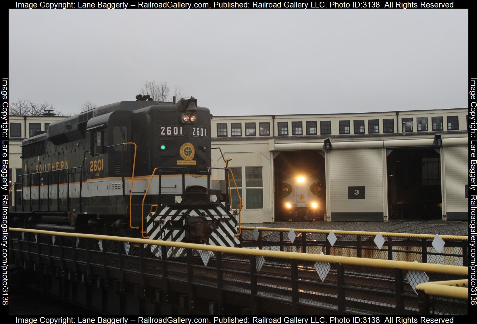 SOU 2601 is a class EMD GP30 and  is pictured in Spencer, North Carolina, United States.  This was taken along the NCTM on the North Carolina Transportation Museum. Photo Copyright: Lane Baggerly uploaded to Railroad Gallery on 02/20/2024. This photograph of SOU 2601 was taken on Saturday, February 13, 2021. All Rights Reserved. 