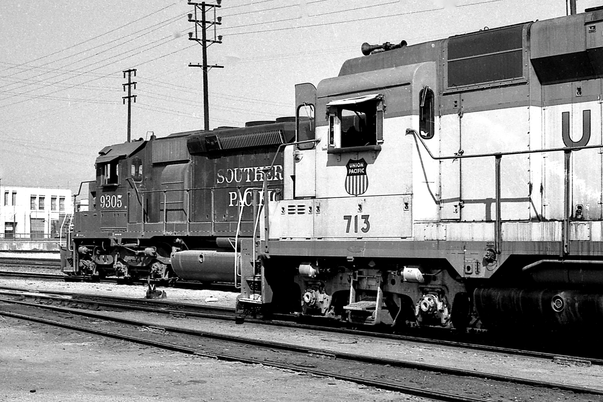 SP 9305 is a class EMD SD45T-2 and  is pictured in Los Angeles, California, USA.  This was taken along the Los Angeles/SP on the Southern Pacific Transportation Company. Photo Copyright: Rick Doughty uploaded to Railroad Gallery on 02/21/2024. This photograph of SP 9305 was taken on Monday, February 11, 1980. All Rights Reserved. 