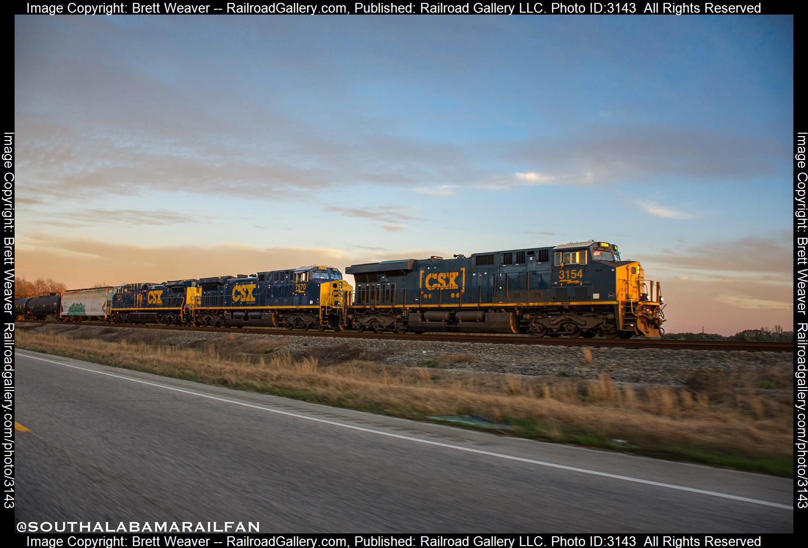 CSX 3154 is a class ES44AH and  is pictured in Irvington, Alabama, USA.  This was taken along the NO&M Subdivision  on the CSX Transportation. Photo Copyright: Brett Weaver uploaded to Railroad Gallery on 02/22/2024. This photograph of CSX 3154 was taken on Monday, February 12, 2024. All Rights Reserved. 