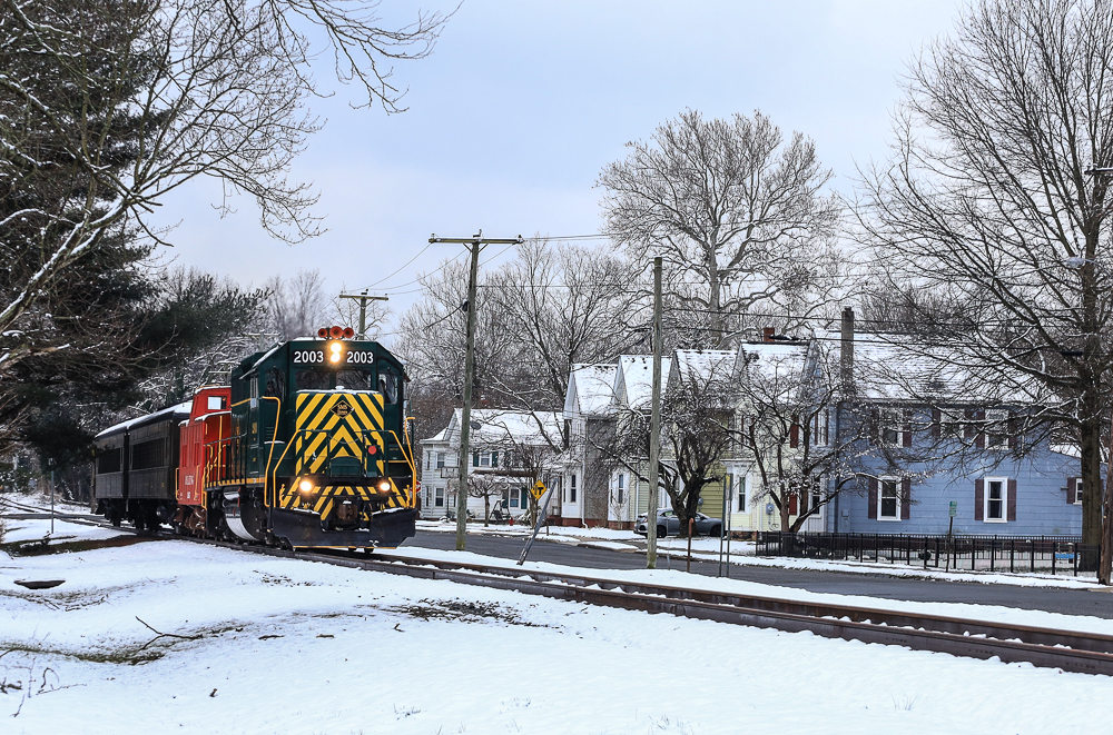 SLRS 2003 is a class EMD GP38-2 and  is pictured in Woodstown , New Jersey, USA.  This was taken along the Salem Secondary  on the Woodstown Central . Photo Copyright: Edan  Davis  uploaded to Railroad Gallery on 02/24/2024. This photograph of SLRS 2003 was taken on Saturday, February 17, 2024. All Rights Reserved. 