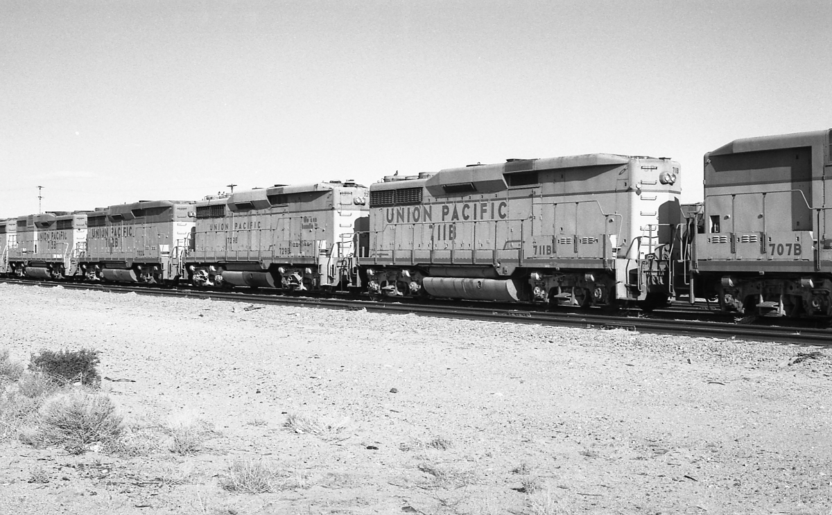 UP 707B is a class EMD GP30B and  is pictured in Yermo, California, USA.  This was taken along the Las Vegas/UP on the Union Pacific Railroad. Photo Copyright: Rick Doughty uploaded to Railroad Gallery on 02/24/2024. This photograph of UP 707B was taken on Saturday, December 26, 1981. All Rights Reserved. 