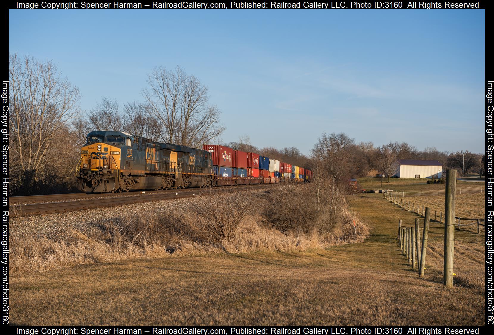 CSXT 5110 is a class GE AC4400CW and  is pictured in Avilla, Indiana, USA.  This was taken along the Garrett Subdivision on the CSX Transportation. Photo Copyright: Spencer Harman uploaded to Railroad Gallery on 02/27/2024. This photograph of CSXT 5110 was taken on Monday, February 26, 2024. All Rights Reserved. 