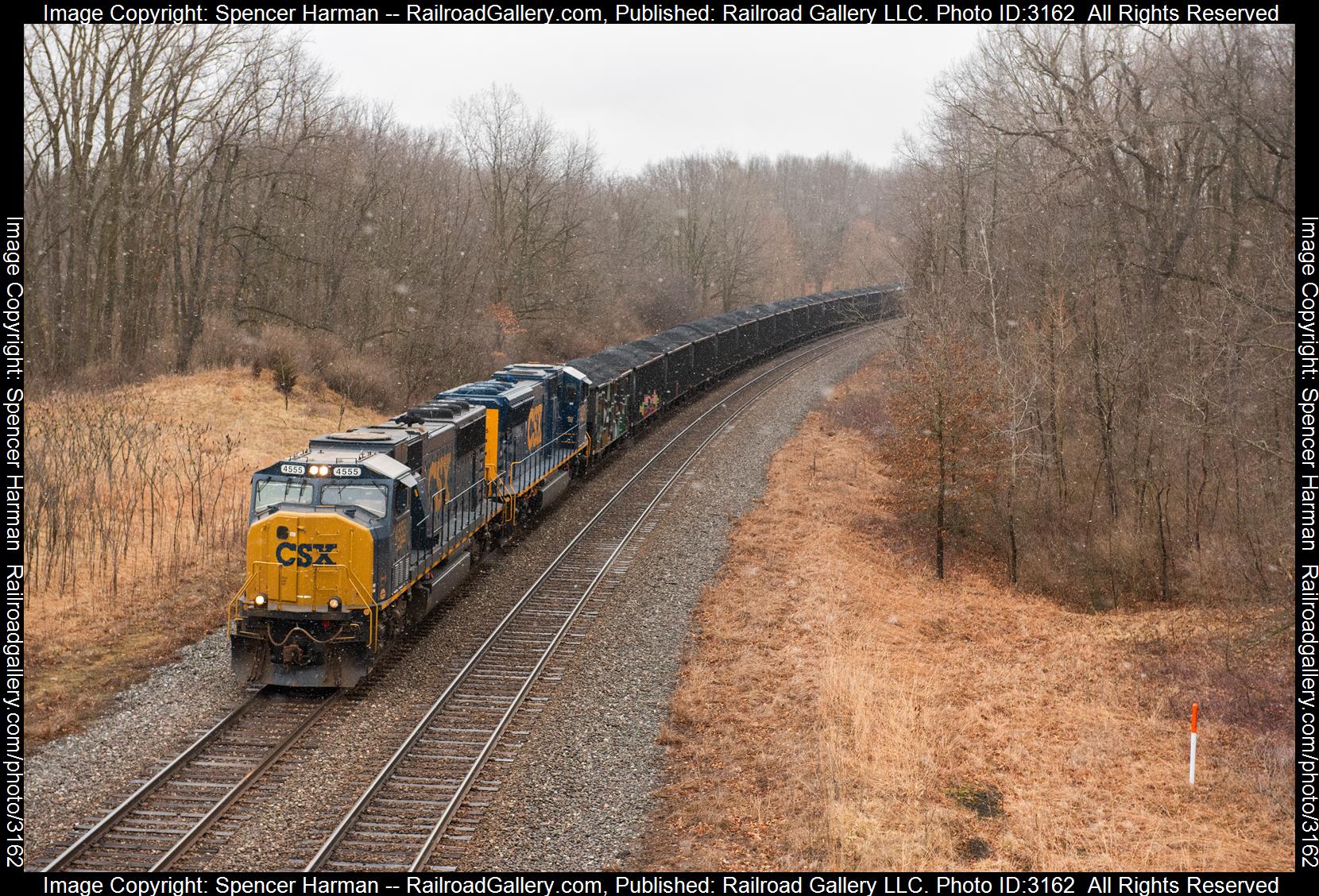 CSXT 4555 is a class EMD SD70MAC and  is pictured in Kimmell, Indiana, USA.  This was taken along the Garrett Subdivision on the CSX Transportation. Photo Copyright: Spencer Harman uploaded to Railroad Gallery on 02/28/2024. This photograph of CSXT 4555 was taken on Wednesday, February 28, 2024. All Rights Reserved. 