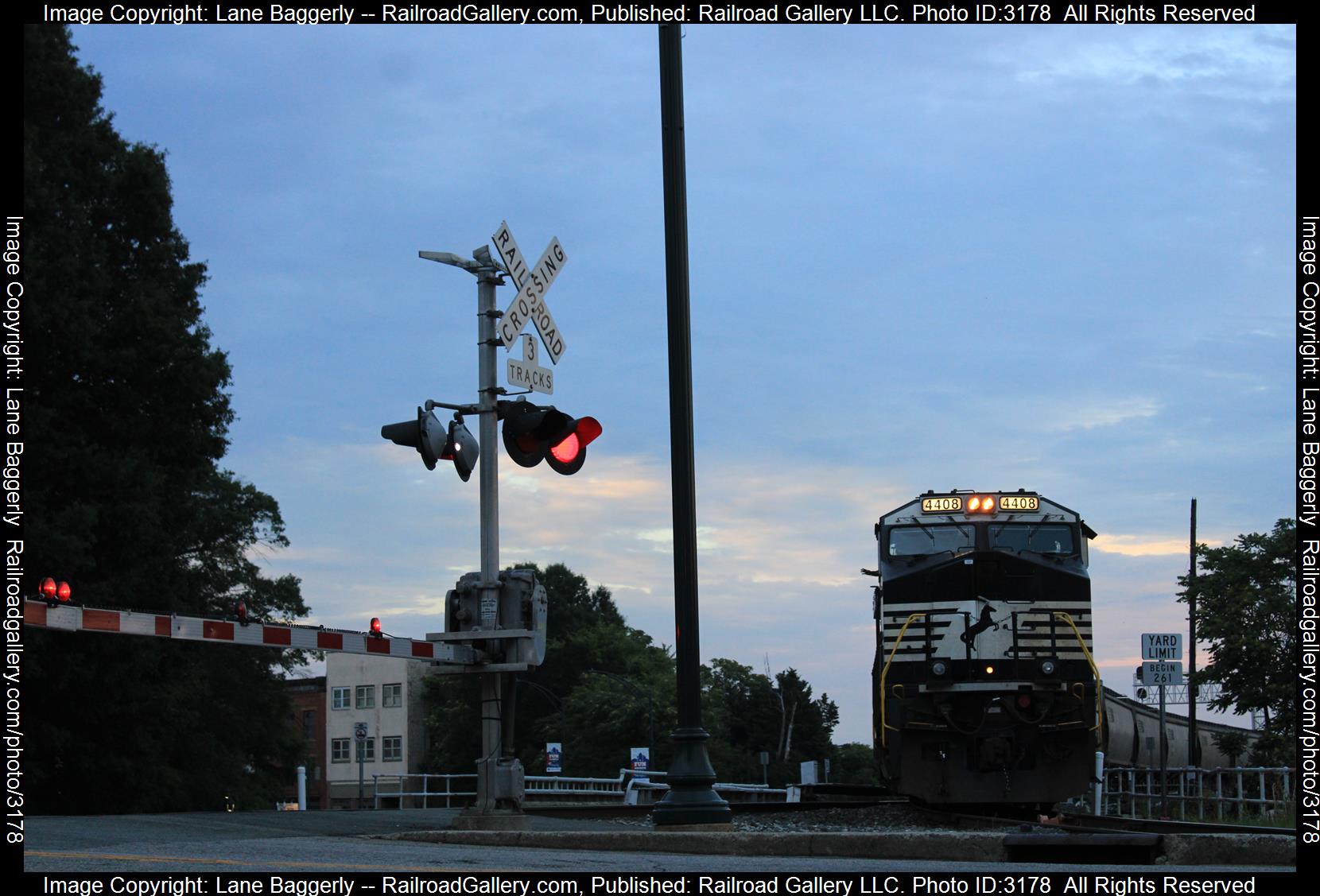 NS 4408 is a class GE AC44C6M and  is pictured in Greensboro, North Carolina, United States.  This was taken along the Danville District on the Norfolk Southern. Photo Copyright: Lane Baggerly uploaded to Railroad Gallery on 03/05/2024. This photograph of NS 4408 was taken on Friday, July 08, 2022. All Rights Reserved. 