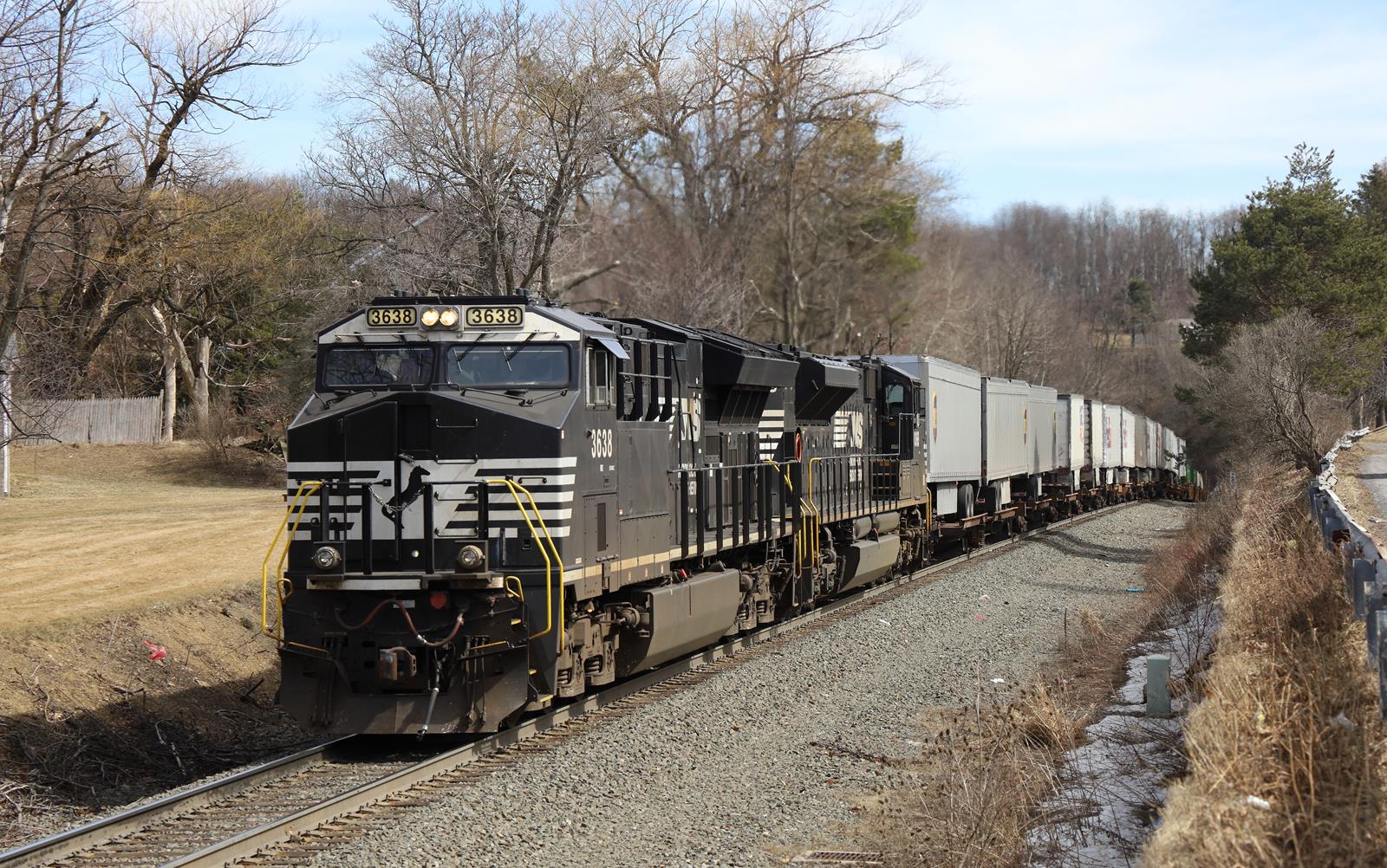 NS 3638 is a class GE ET44AC and  is pictured in Gallitzin , Pennsylvania, USA.  This was taken along the NS Pittsburgh Line on the Norfolk Southern. Photo Copyright: Marc Lingenfelter uploaded to Railroad Gallery on 12/03/2022. This photograph of NS 3638 was taken on Monday, March 15, 2021. All Rights Reserved. 