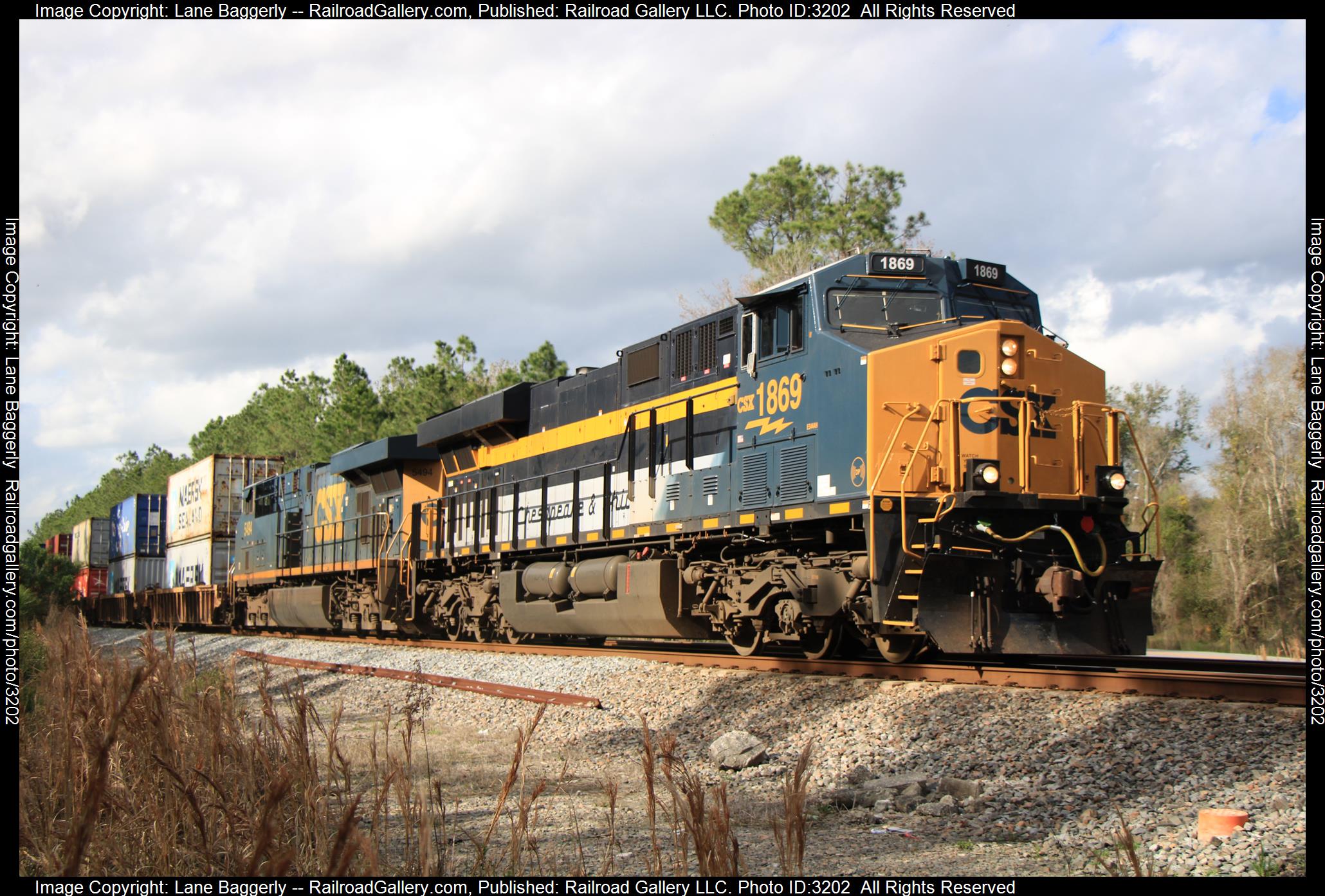 CSXT 1869 is a class GE ES44AC and  is pictured in Jacksonville, Florida, United States.  This was taken along the Nahunta Sub on the CSX Transportation. Photo Copyright: Lane Baggerly uploaded to Railroad Gallery on 03/12/2024. This photograph of CSXT 1869 was taken on Wednesday, March 06, 2024. All Rights Reserved. 