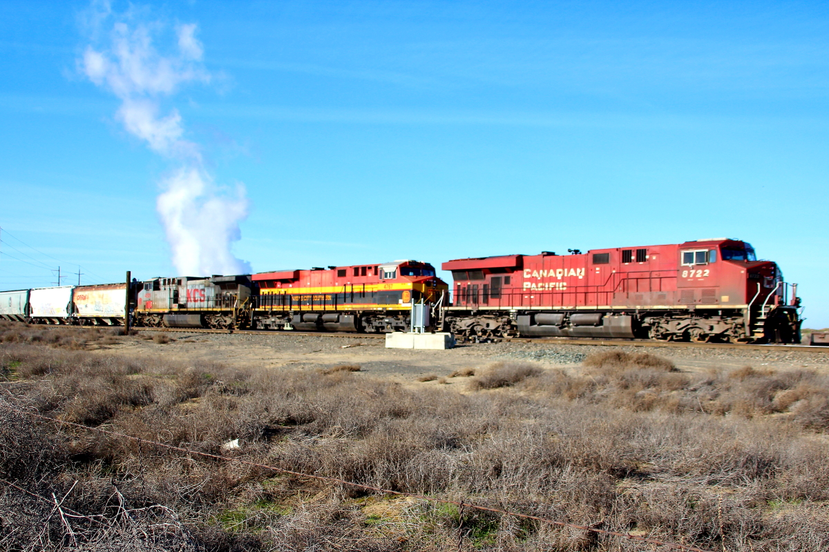 CP 8722 is a class GE ES44AC and  is pictured in Hermiston, Oregon, USA.  This was taken along the Ayer/UP on the Canadian Pacific Railway. Photo Copyright: Rick Doughty uploaded to Railroad Gallery on 03/15/2024. This photograph of CP 8722 was taken on Thursday, March 14, 2024. All Rights Reserved. 