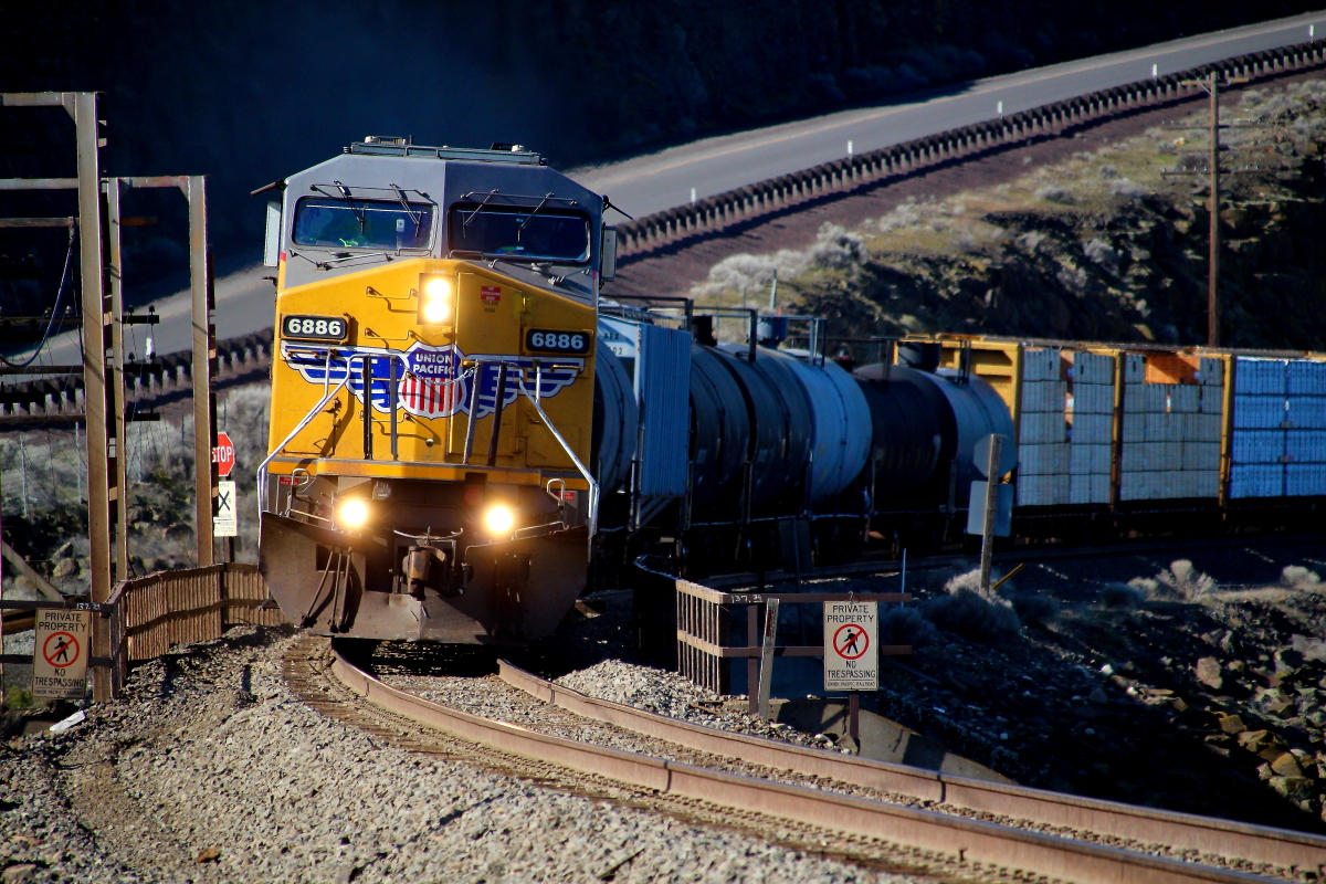 UP 6886 is a class GE AC4400CW and  is pictured in Arlington, Oregon, USA.  This was taken along the Portland/UP on the Union Pacific Railroad. Photo Copyright: Rick Doughty uploaded to Railroad Gallery on 03/16/2024. This photograph of UP 6886 was taken on Thursday, March 14, 2024. All Rights Reserved. 