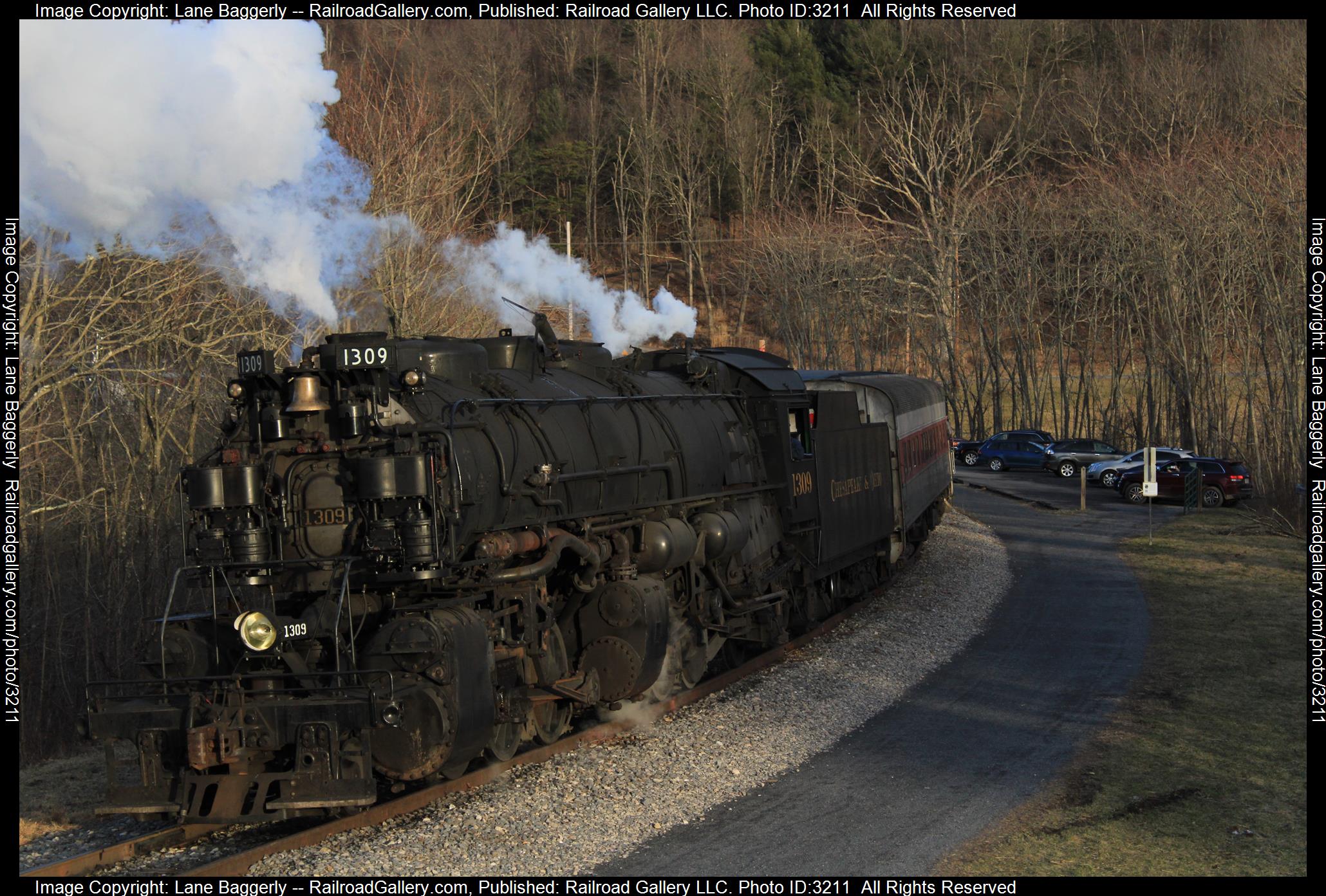 C&O 1309 is a class 2-6-6-2 and  is pictured in La Vale, Maryland, United States.  This was taken along the Western Maryland  on the Western Maryland Scenic Railroad. Photo Copyright: Lane Baggerly uploaded to Railroad Gallery on 03/16/2024. This photograph of C&O 1309 was taken on Saturday, February 18, 2023. All Rights Reserved. 