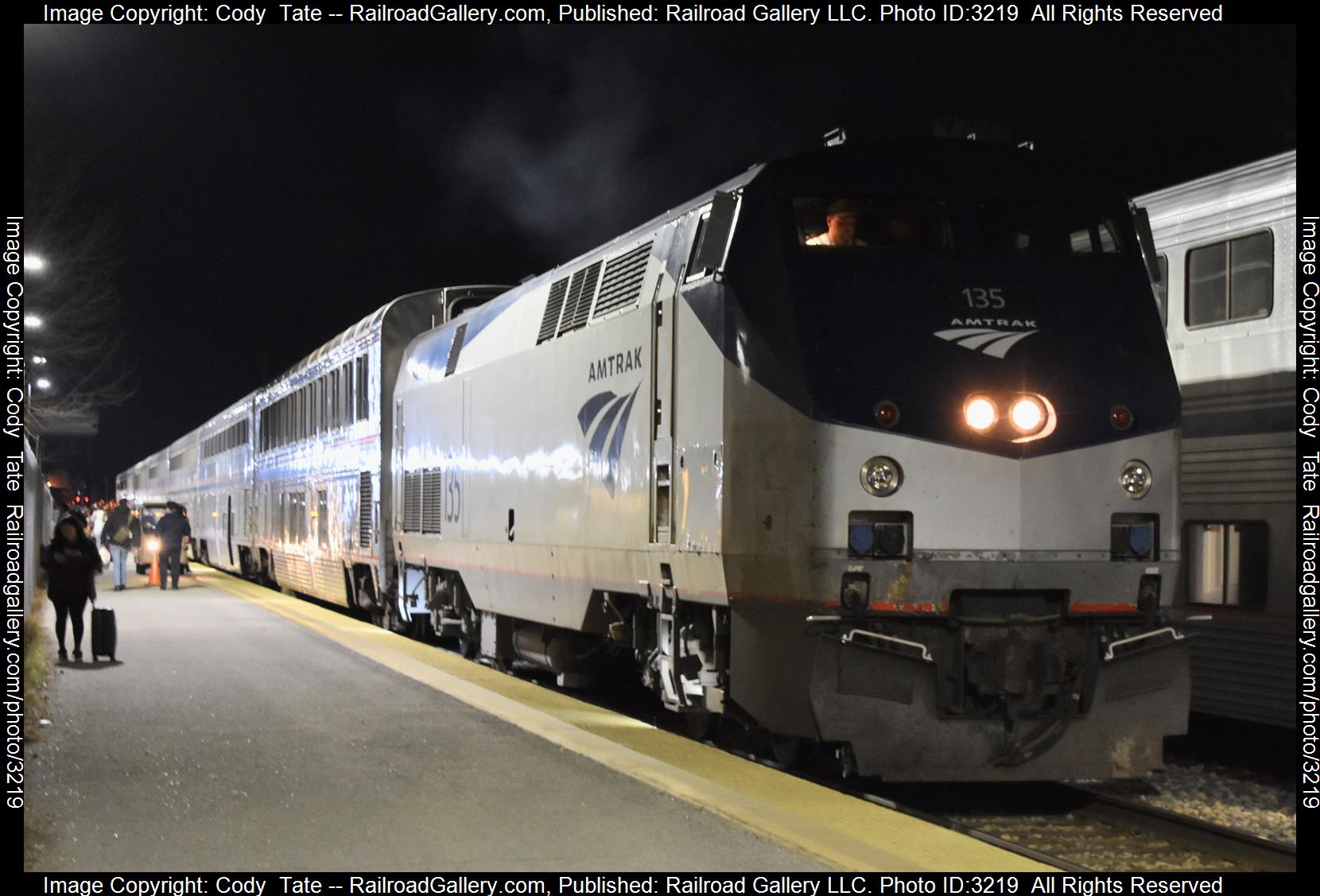 AMTK 135 is a class P42 and  is pictured in Carbondale , Illinois, United States.  This was taken along the Centralia subdivision  on the Amtrak. Photo Copyright: Cody  Tate uploaded to Railroad Gallery on 03/20/2024. This photograph of AMTK 135 was taken on Saturday, March 16, 2024. All Rights Reserved. 