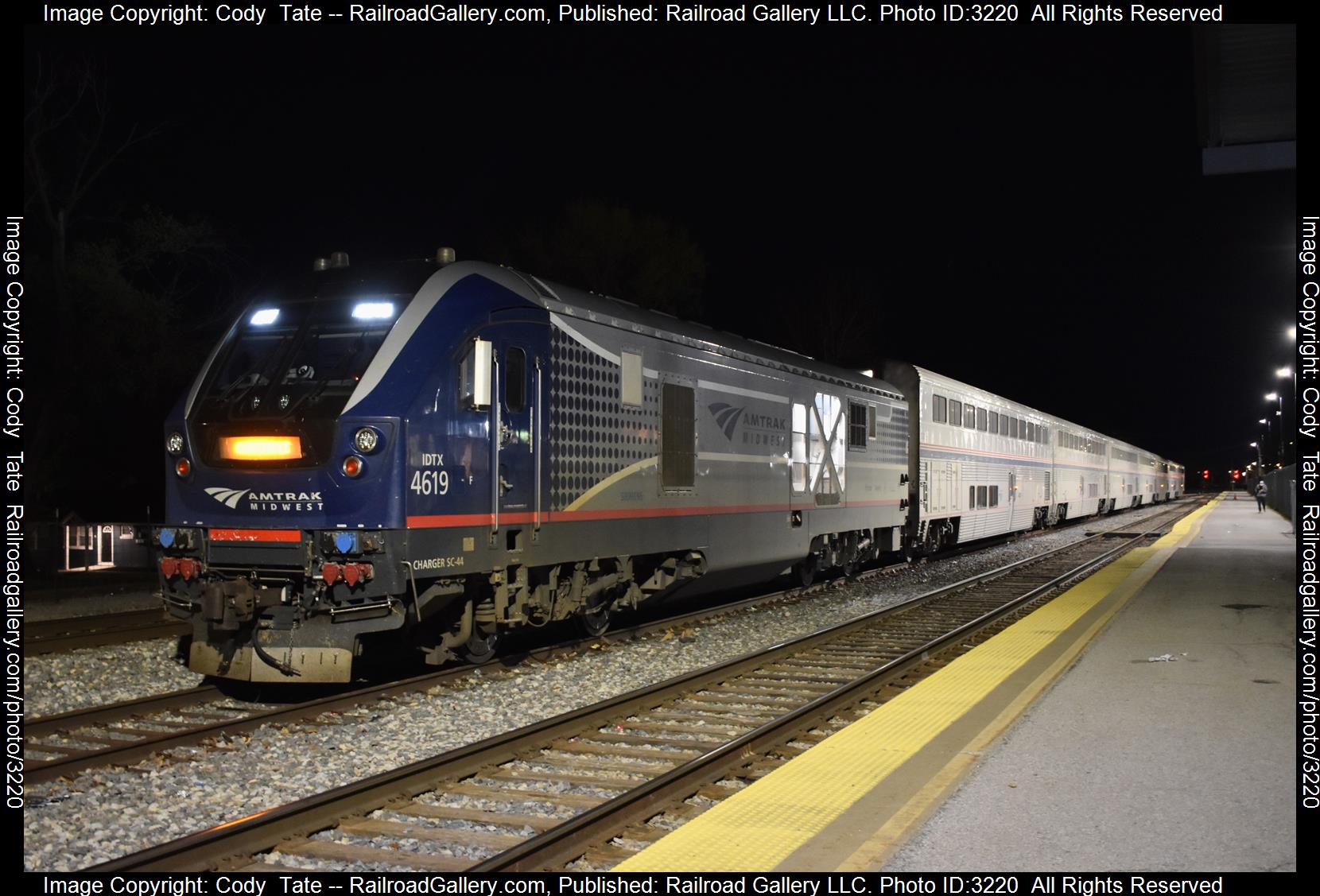 IDTX 4619 is a class SC-44 Charger and  is pictured in Carbondale , Illinois, United States.  This was taken along the Centralia subdivision  on the Amtrak. Photo Copyright: Cody  Tate uploaded to Railroad Gallery on 03/20/2024. This photograph of IDTX 4619 was taken on Saturday, March 16, 2024. All Rights Reserved. 