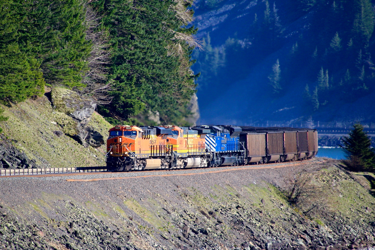 BNSF 6629 is a class GE ES44C4 and  is pictured in Stevenson, Washington, USA.  This was taken along the Fallbridge/BNSF on the BNSF Railway. Photo Copyright: Rick Doughty uploaded to Railroad Gallery on 03/21/2024. This photograph of BNSF 6629 was taken on Sunday, March 17, 2024. All Rights Reserved. 