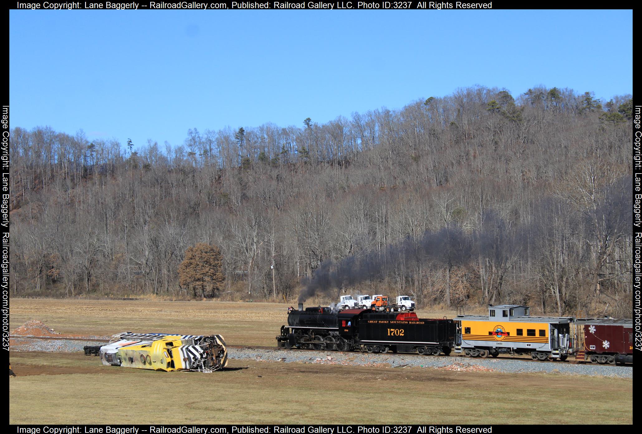 GSMR 1702 is a class 2-8-0 and  is pictured in Whitter, North Carolina, United States.  This was taken along the Murphy Branch on the Great Smoky Mountain . Photo Copyright: Lane Baggerly uploaded to Railroad Gallery on 03/29/2024. This photograph of GSMR 1702 was taken on Thursday, December 29, 2022. All Rights Reserved. 