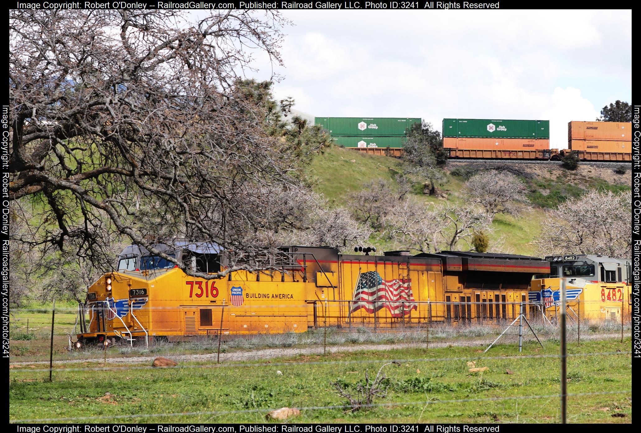 7316 is a class GE AC4400CW and  is pictured in Tehachapi , California, United States.  This was taken along the Tehachapi on the Union Pacific Railroad. Photo Copyright: Robert O'Donley uploaded to Railroad Gallery on 04/01/2024. This photograph of 7316 was taken on Sunday, March 31, 2024. All Rights Reserved. 