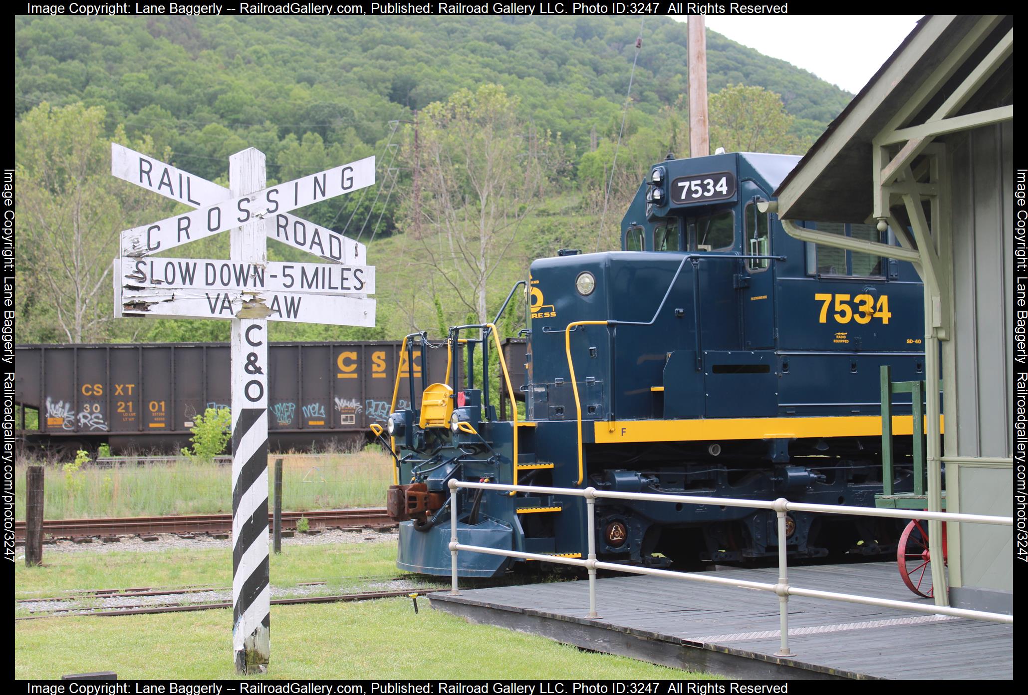 C&O 7534 is a class EMD SD40 and  is pictured in Clifton Forge, Virginia, United States.  This was taken along the C&O Heritage Center on the Chesapeake and Ohio Railway. Photo Copyright: Lane Baggerly uploaded to Railroad Gallery on 04/02/2024. This photograph of C&O 7534 was taken on Monday, May 25, 2020. All Rights Reserved. 