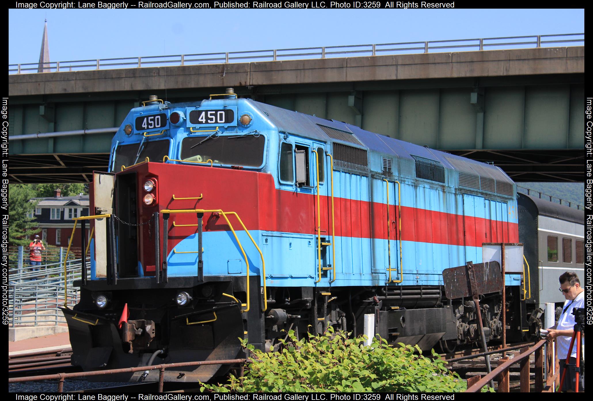 WMSR 450 is a class EMD F40PHM-2 and  is pictured in Cumberland, Maryland, United States.  This was taken along the Western Maryland  on the Western Maryland Scenic Railroad. Photo Copyright: Lane Baggerly uploaded to Railroad Gallery on 04/05/2024. This photograph of WMSR 450 was taken on Friday, June 17, 2022. All Rights Reserved. 