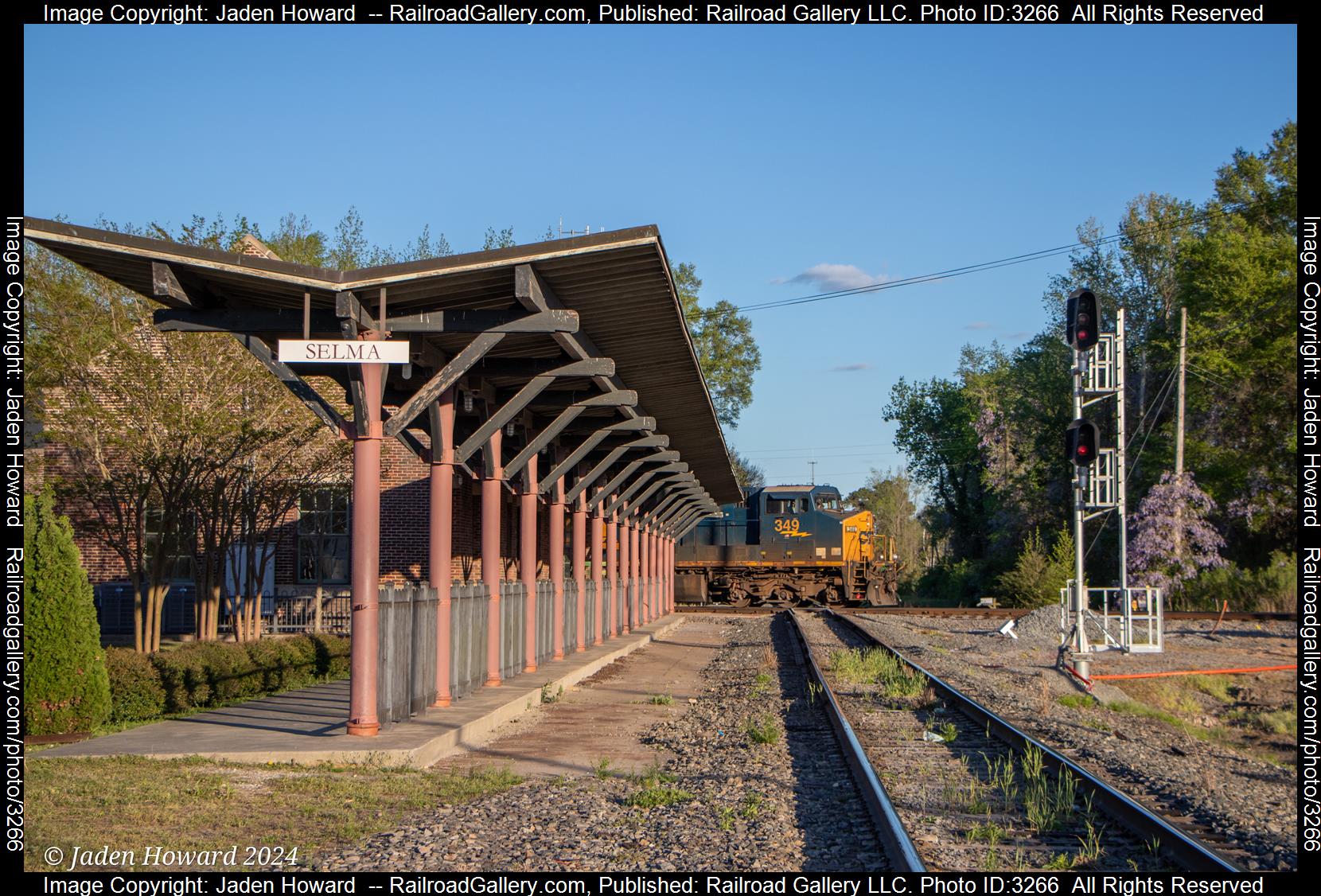 CSX 349 is a class GE ES44AC and  is pictured in Selma , NC , USA.  This was taken along the South End Sub on the CSX Transportation. Photo Copyright: Jaden Howard  uploaded to Railroad Gallery on 04/07/2024. This photograph of CSX 349 was taken on Saturday, April 06, 2024. All Rights Reserved. 