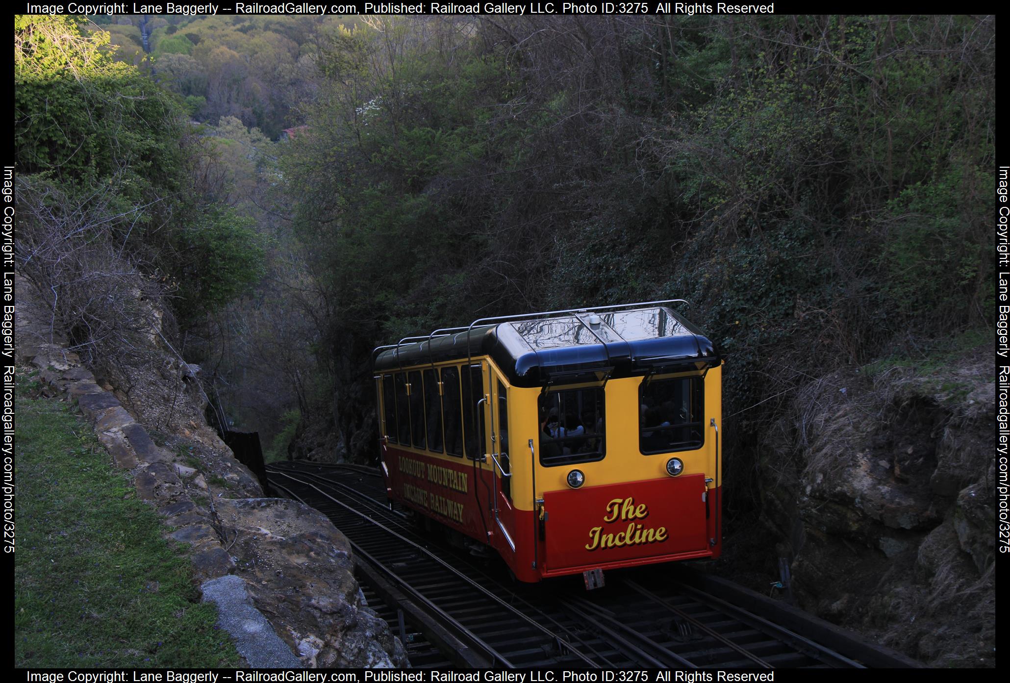 LOM 2 is a class Incline Car and  is pictured in Chattanooga, Tennessee, United States.  This was taken along the Lookout Mountain Incline on the Lookout Mountain Incline. Photo Copyright: Lane Baggerly uploaded to Railroad Gallery on 04/09/2024. This photograph of LOM 2 was taken on Sunday, April 07, 2024. All Rights Reserved. 