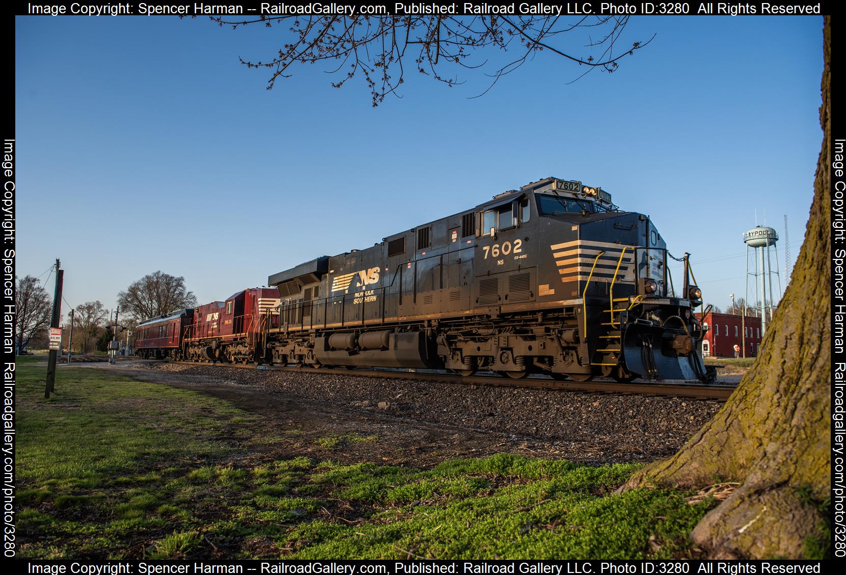 NS 7602 is a class GE ES44DC and  is pictured in Claypool, Indiana, USA.  This was taken along the Marion Branch on the Norfolk Southern. Photo Copyright: Spencer Harman uploaded to Railroad Gallery on 04/10/2024. This photograph of NS 7602 was taken on Monday, April 08, 2024. All Rights Reserved. 