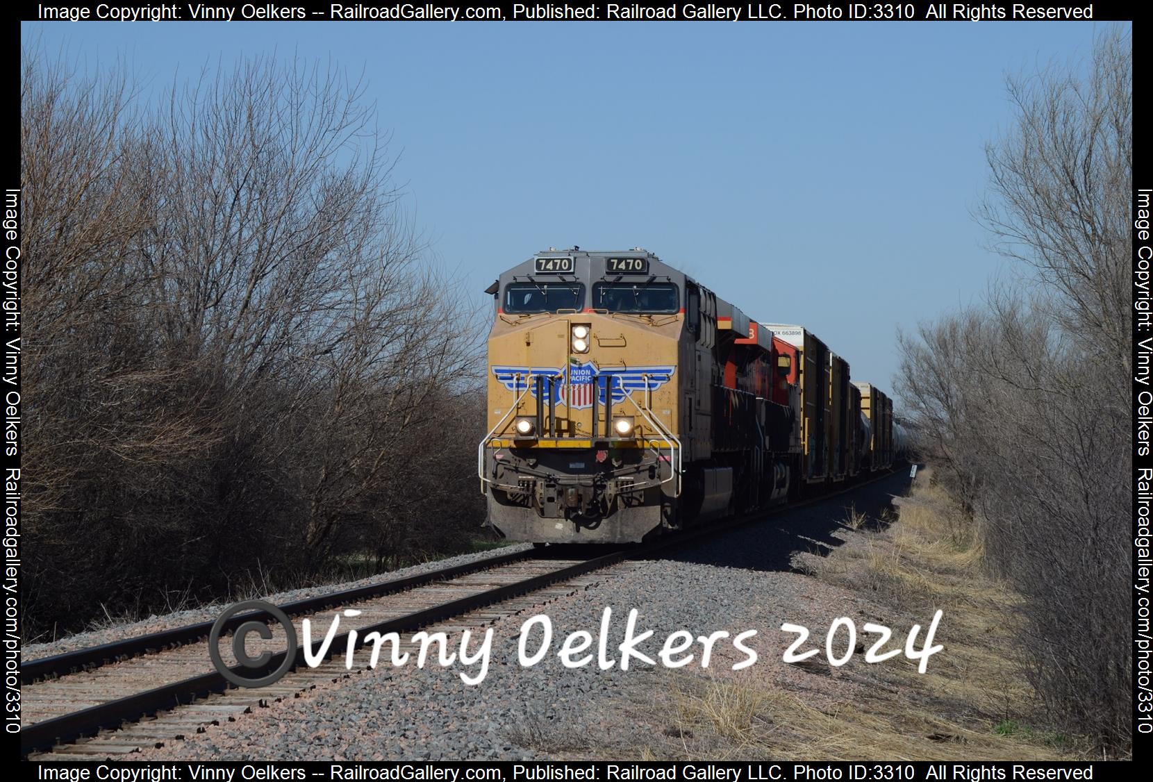 UP 7470 is a class Unknown and  is pictured in Pomeroy , IA, United States.  This was taken along the Cherokee Subdvision  on the Canadian National Railway. Photo Copyright: Vinny Oelkers uploaded to Railroad Gallery on 04/20/2024. This photograph of UP 7470 was taken on Saturday, April 13, 2024. All Rights Reserved. 