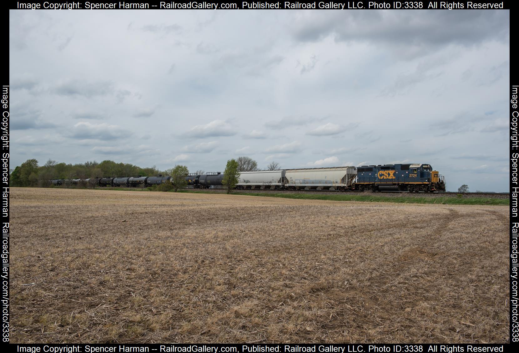 CSXT 2724 is a class EMD GP38-2 and  is pictured in Cromwell, Indiana, USA.  This was taken along the Garrett Subdivision on the CSX Transportation. Photo Copyright: Spencer Harman uploaded to Railroad Gallery on 04/30/2024. This photograph of CSXT 2724 was taken on Sunday, April 28, 2024. All Rights Reserved. 