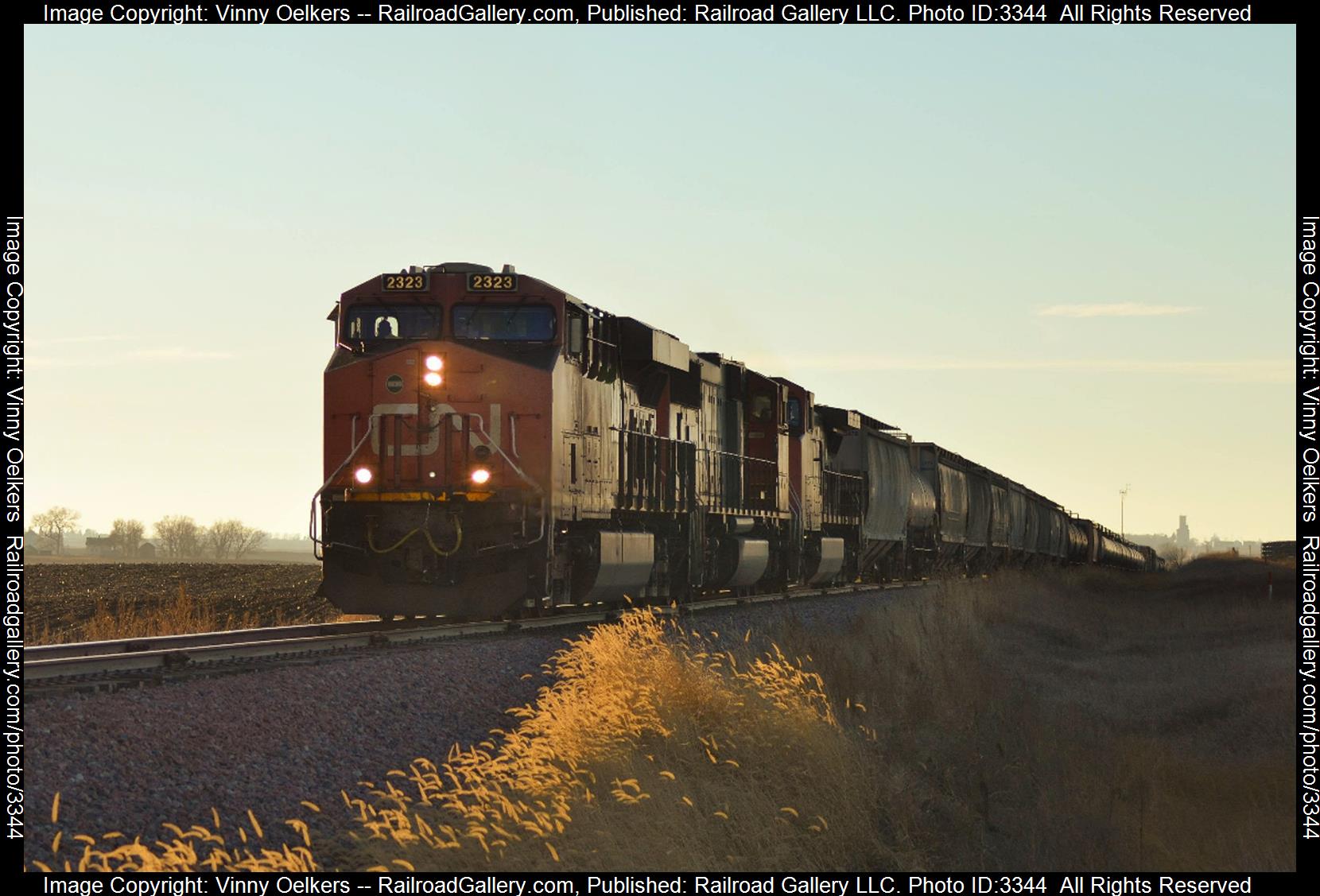 CN 2323 is a class Unknown and  is pictured in Alden , IA, United States.  This was taken along the Waterloo Subdvision  on the Canadian National Railway. Photo Copyright: Vinny Oelkers uploaded to Railroad Gallery on 05/01/2024. This photograph of CN 2323 was taken on Saturday, December 30, 2023. All Rights Reserved. 