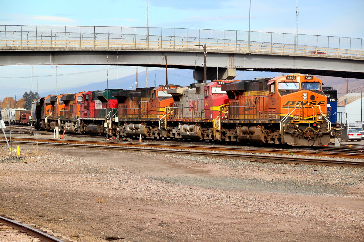 BNSF 7399 is a class GE ES44AC and  is pictured in Missoula, Montana, USA.  This was taken along the 3rd/MRL on the BNSF Railway. Photo Copyright: Rick Doughty uploaded to Railroad Gallery on 05/11/2024. This photograph of BNSF 7399 was taken on Wednesday, October 20, 2021. All Rights Reserved. 