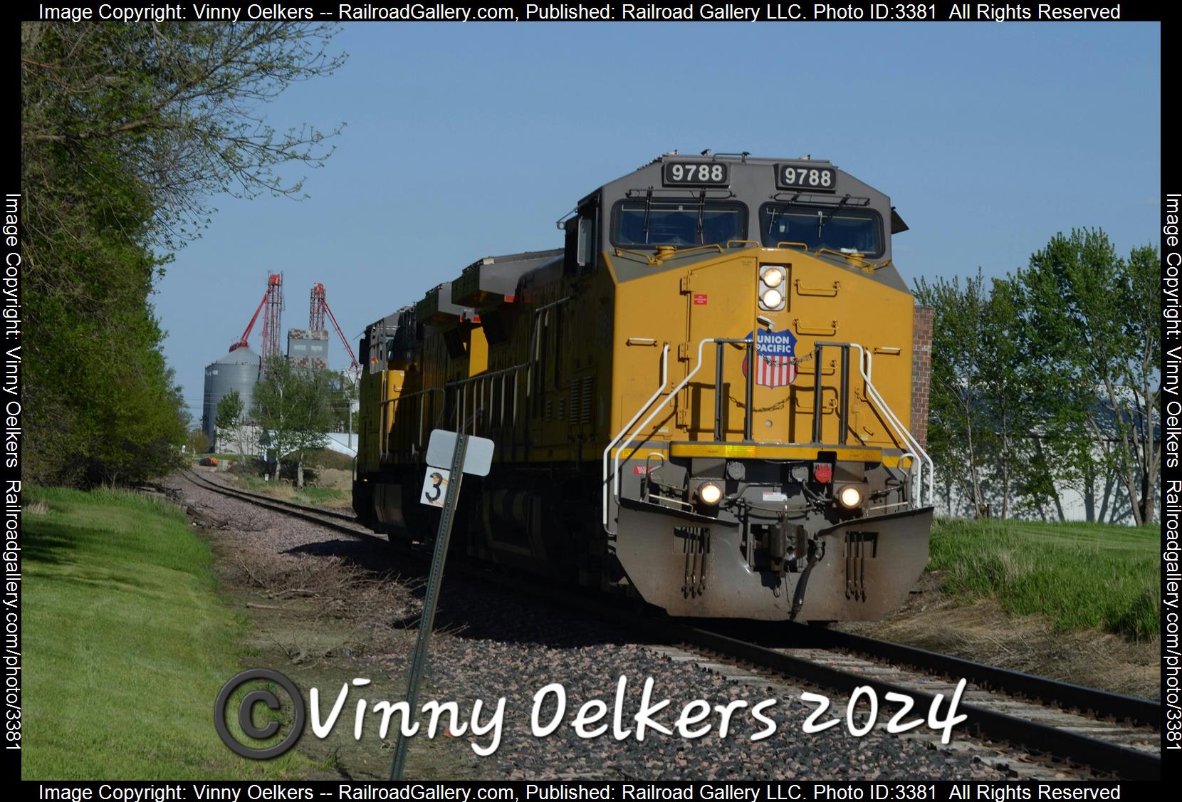 UP 9788 is a class AC44 and  is pictured in Hartley , IA, United States.  This was taken along the Sheldon Subdivision  on the Union Pacific Railroad. Photo Copyright: Vinny Oelkers uploaded to Railroad Gallery on 05/12/2024. This photograph of UP 9788 was taken on Saturday, May 11, 2024. All Rights Reserved. 