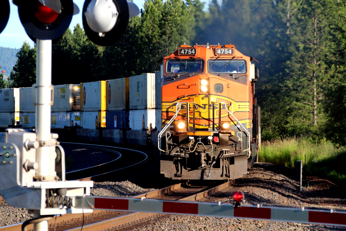 BNSF 4754  is a class GE C44-9W (Dash 9-44CW) and  is pictured in Sandpoint, Idaho, USA.  This was taken along the Kootenai River/BNSF on the BNSF Railway. Photo Copyright: Rick Doughty uploaded to Railroad Gallery on 05/17/2024. This photograph of BNSF 4754  was taken on Friday, June 24, 2022. All Rights Reserved. 