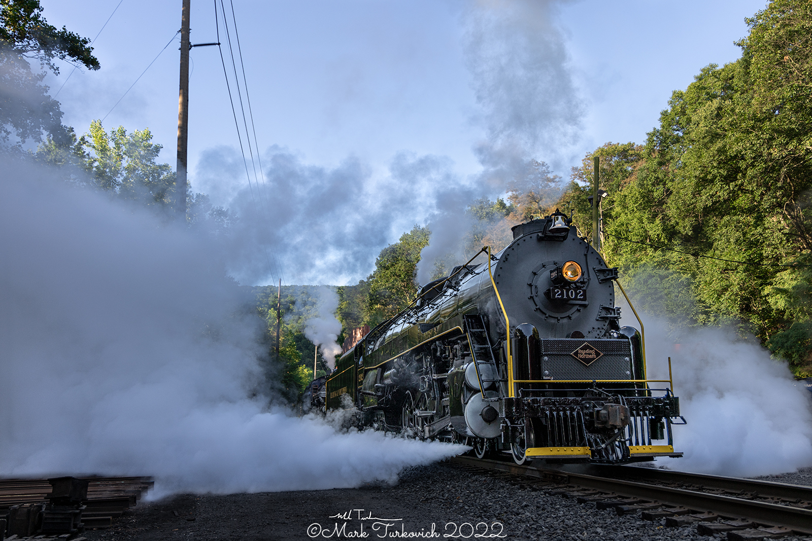 RDG 2102 is a class T-1 and  is pictured in Port Clinton, Pennsylvania, USA.  This was taken along the Reading & Northern Steam Shop on the Reading Company. Photo Copyright: Mark Turkovich uploaded to Railroad Gallery on 12/06/2022. This photograph of RDG 2102 was taken on Saturday, August 13, 2022. All Rights Reserved. 