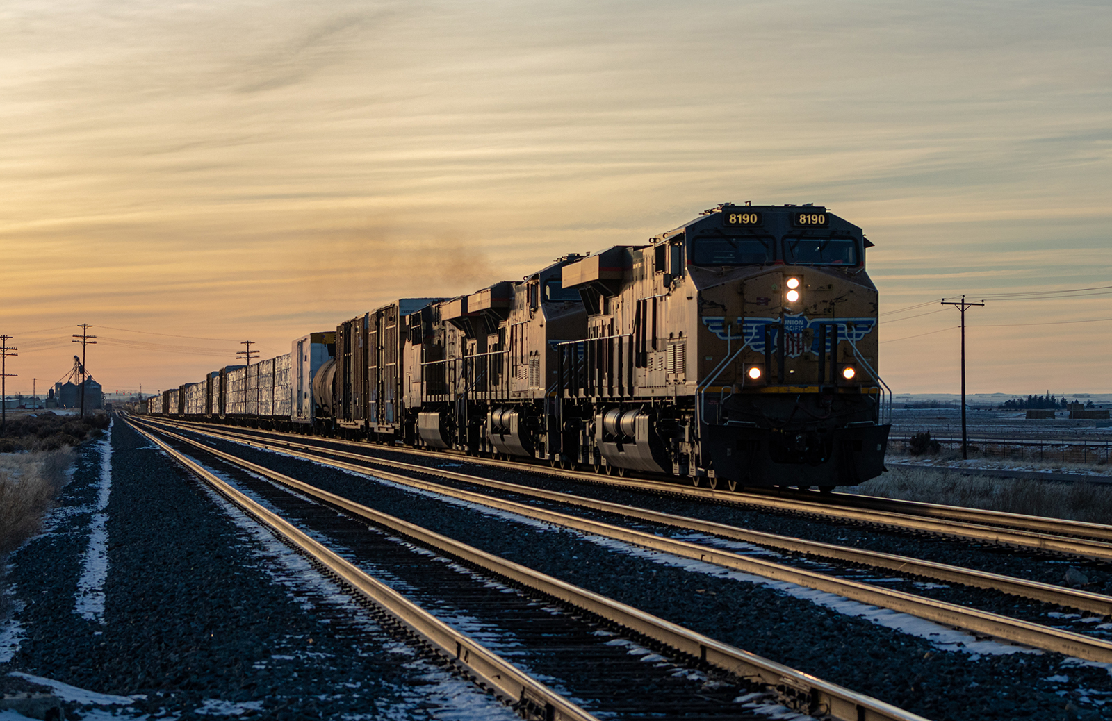 UP 8190 is a class ES44AH and  is pictured in Michaud , Idaho, United States.  This was taken along the Nampa Subdivision on the Union Pacific Railroad. Photo Copyright: Jason Wilson uploaded to Railroad Gallery on 05/21/2024. This photograph of UP 8190 was taken on Sunday, December 03, 2023. All Rights Reserved. 