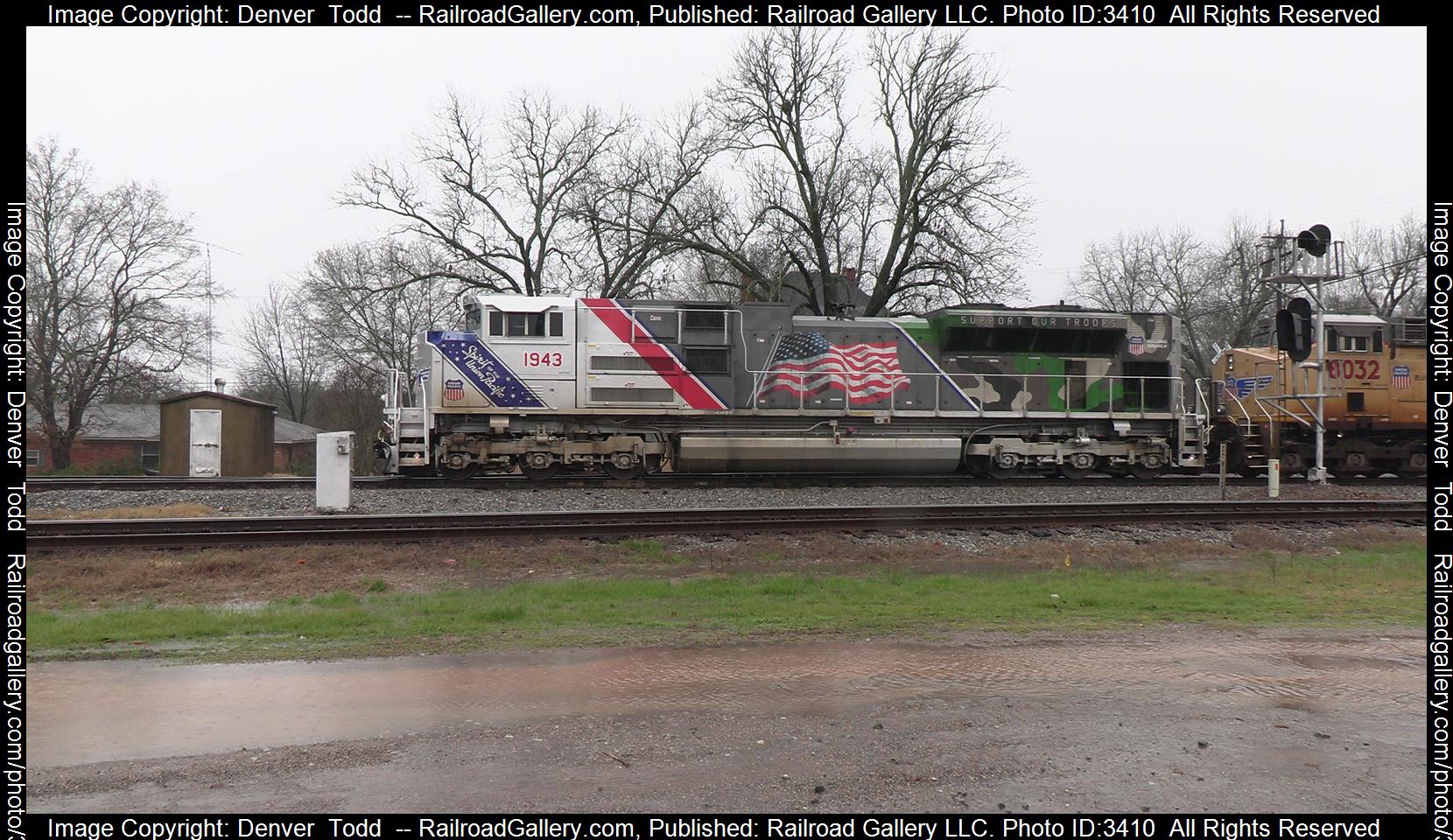 UP1943 is a class SD70ACE and  is pictured in Big Sandy, Texas, United States.  This was taken along the Mineola Subdivision on the Union Pacific. Photo Copyright: Denver  Todd  uploaded to Railroad Gallery on 05/21/2024. This photograph of UP1943 was taken on Tuesday, January 23, 2024. All Rights Reserved. 