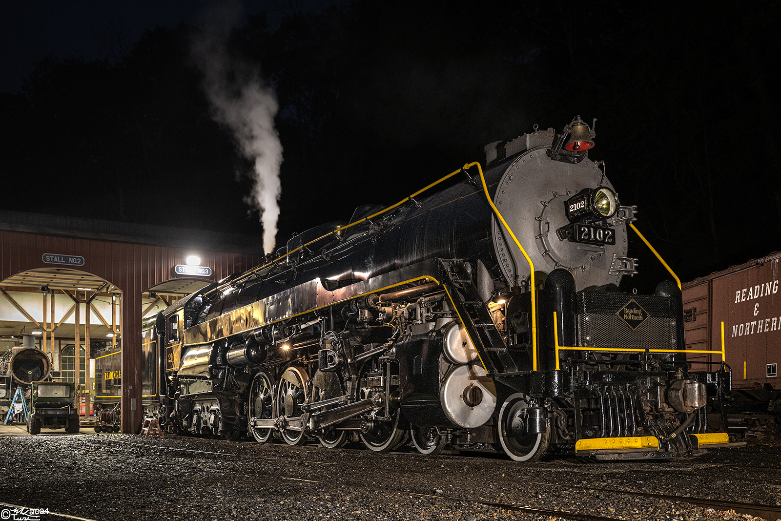 RDG 2102 is a class T-1 and  is pictured in Port Clinton, Pennsylvania, USA.  This was taken along the Reading & Northern Steam Shop on the Reading Company. Photo Copyright: Mark Turkovich uploaded to Railroad Gallery on 05/23/2024. This photograph of RDG 2102 was taken on Wednesday, May 08, 2024. All Rights Reserved. 