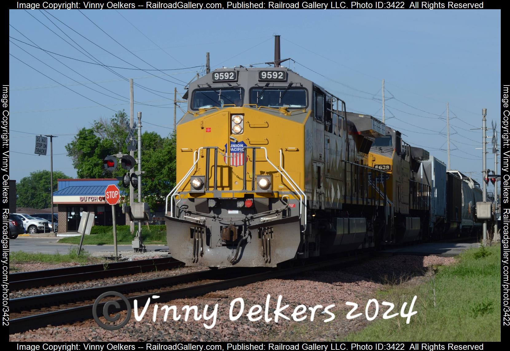 UP 9592 is a class AC44 and  is pictured in Ames, IA, United States.  This was taken along the Clinton Subdvision  on the Union Pacific Railroad. Photo Copyright: Vinny Oelkers uploaded to Railroad Gallery on 05/23/2024. This photograph of UP 9592 was taken on Friday, May 17, 2024. All Rights Reserved. 