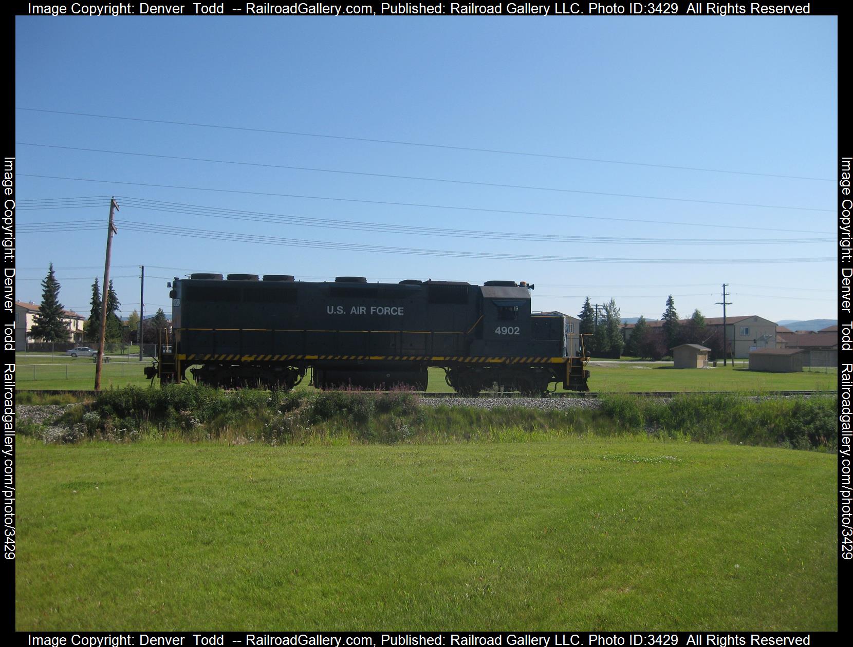 USAF 4902 is a class GP 40 and  is pictured in Eielson AFB, Alaska, United States.  This was taken along the Eielson AFB on the United States Air Force. Photo Copyright: Denver  Todd  uploaded to Railroad Gallery on 05/24/2024. This photograph of USAF 4902 was taken on Saturday, July 31, 2010. All Rights Reserved. 