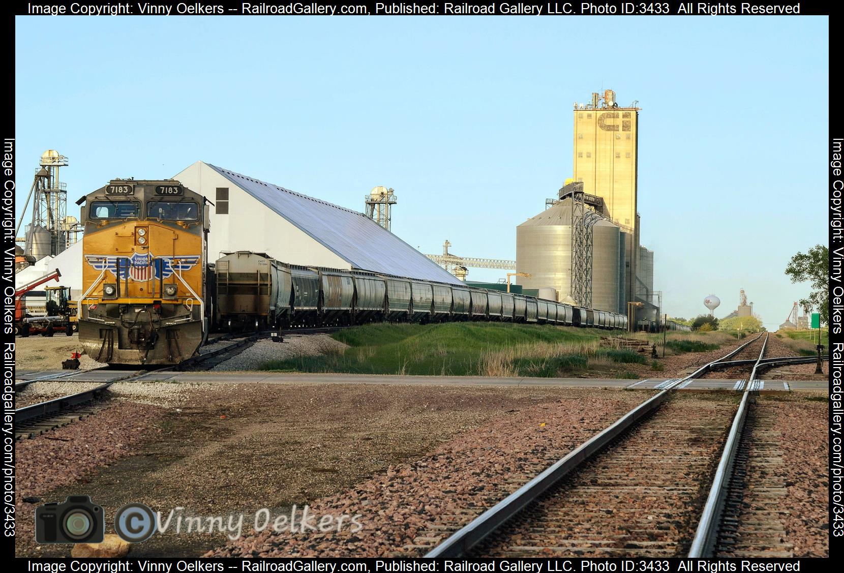 UP 7183 is a class AC44 and  is pictured in Hartley , IA, United States.  This was taken along the Sheldon Subdivision  on the Union Pacific Railroad. Photo Copyright: Vinny Oelkers uploaded to Railroad Gallery on 05/25/2024. This photograph of UP 7183 was taken on Friday, May 24, 2024. All Rights Reserved. 