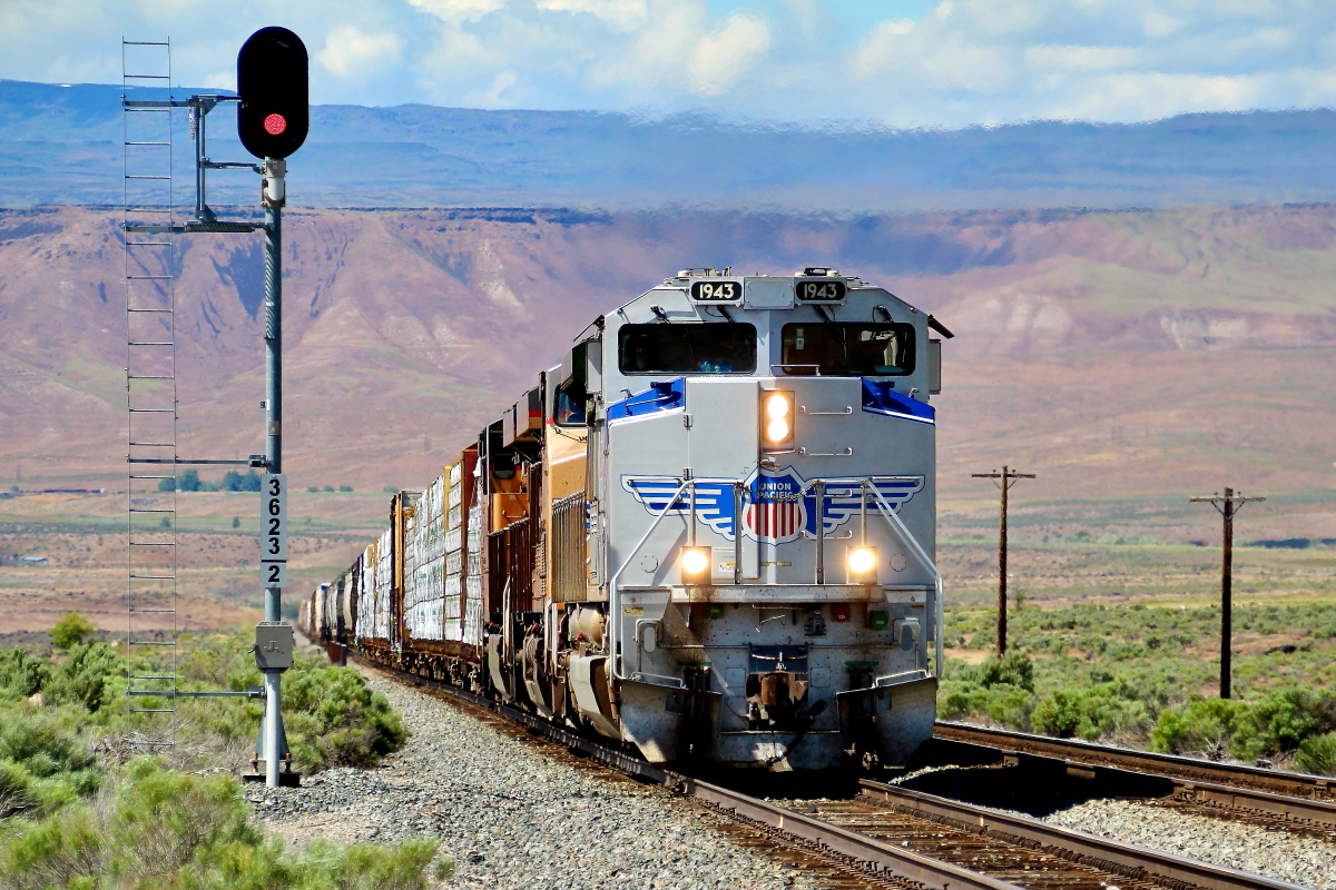 UP 1943 is a class EMD SD70ACe and  is pictured in King Hill, Idaho, USA.  This was taken along the Nampa/UP on the Union Pacific Railroad. Photo Copyright: Rick Doughty uploaded to Railroad Gallery on 05/26/2024. This photograph of UP 1943 was taken on Saturday, May 25, 2024. All Rights Reserved. 