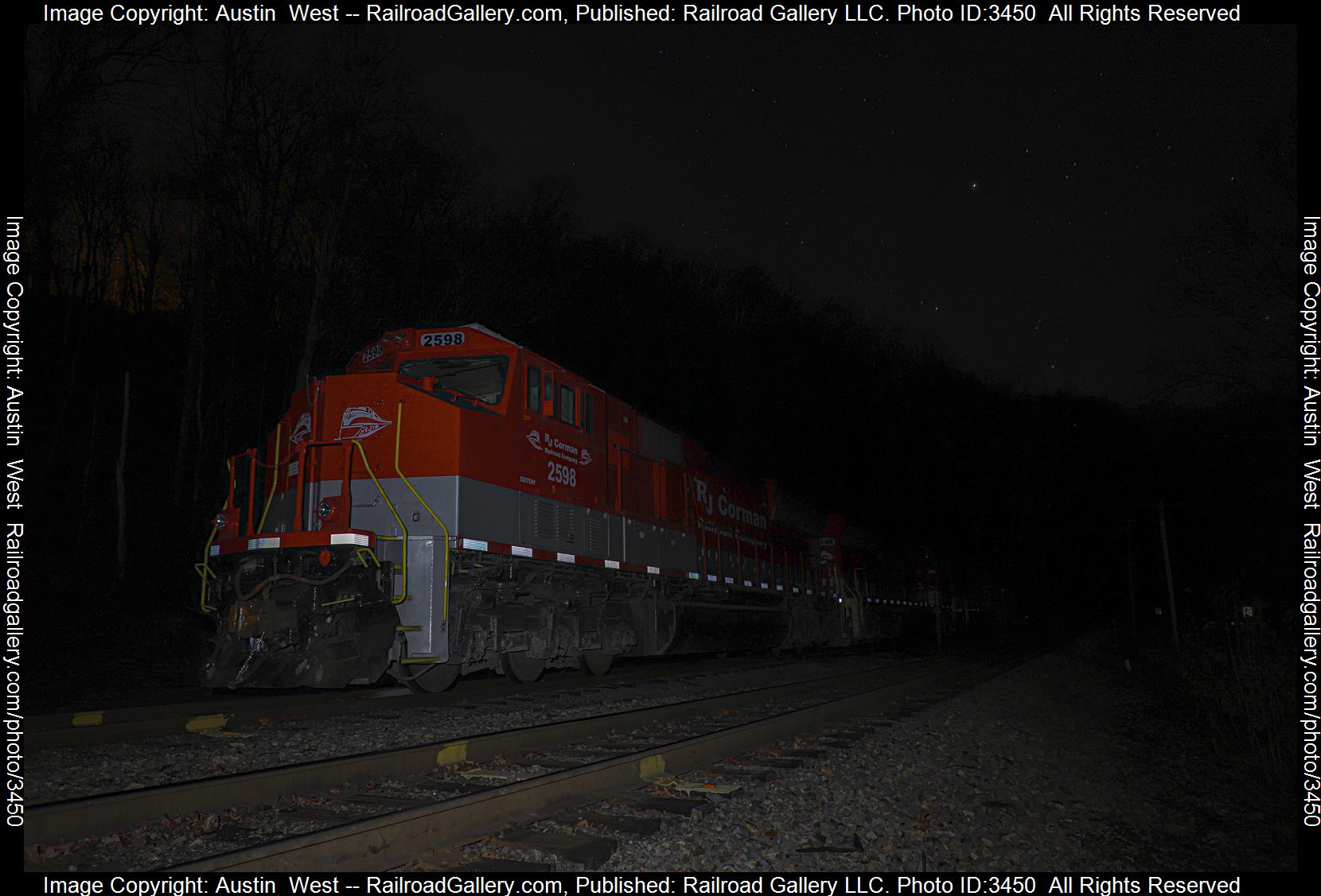 RJCC 2598 is a class SD70M and  is pictured in Thurmond, West Virginia, USA.  This was taken along the Pax Subdivision  on the R.J. Corman Railroad/West Virginia Line. Photo Copyright: Austin  West uploaded to Railroad Gallery on 05/30/2024. This photograph of RJCC 2598 was taken on Friday, December 08, 2023. All Rights Reserved. 