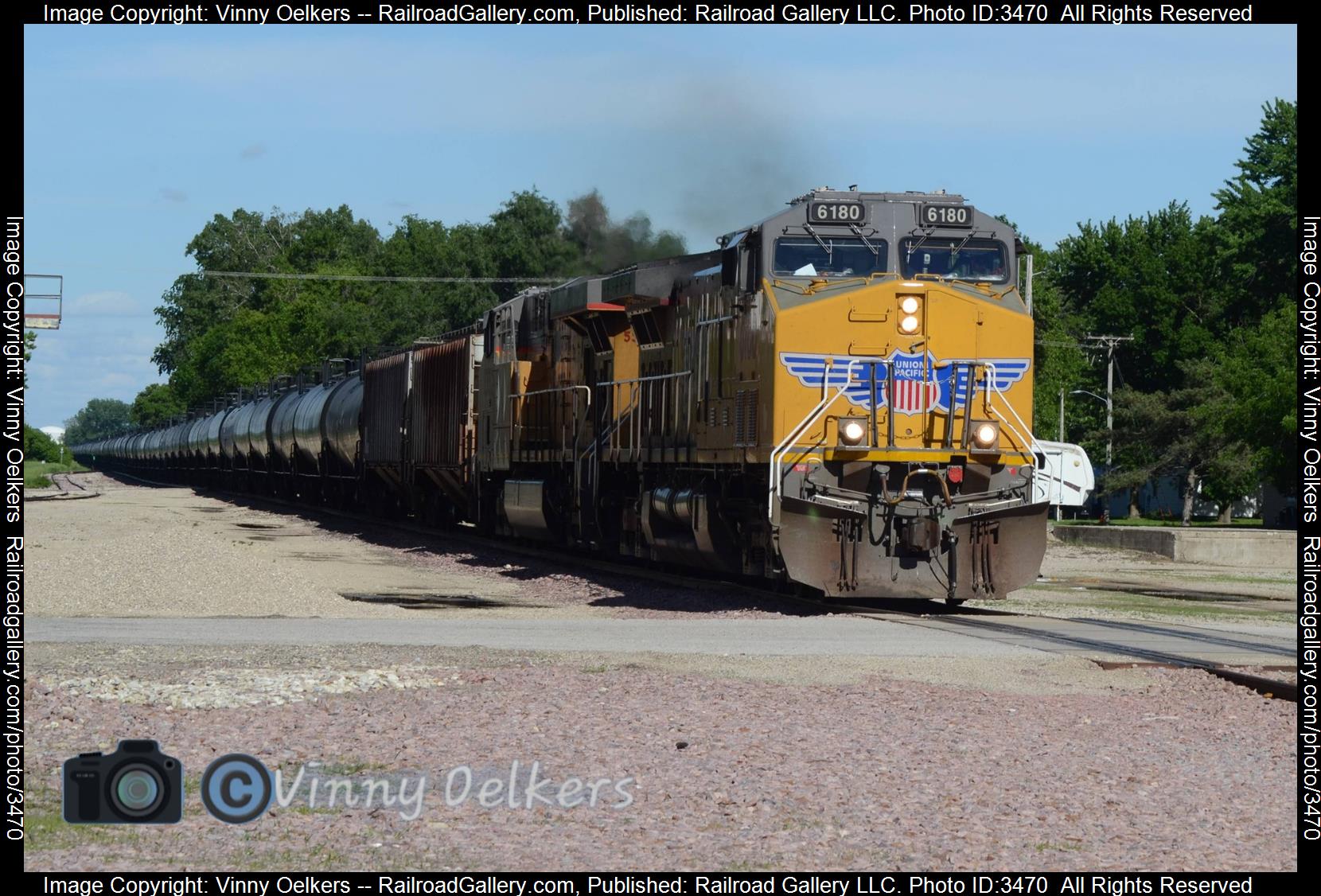 UP 6180 is a class AC44 and  is pictured in Spencer, IA, United States.  This was taken along the Sheldon Subdivision  on the Union Pacific Railroad. Photo Copyright: Vinny Oelkers uploaded to Railroad Gallery on 06/02/2024. This photograph of UP 6180 was taken on Saturday, June 01, 2024. All Rights Reserved. 