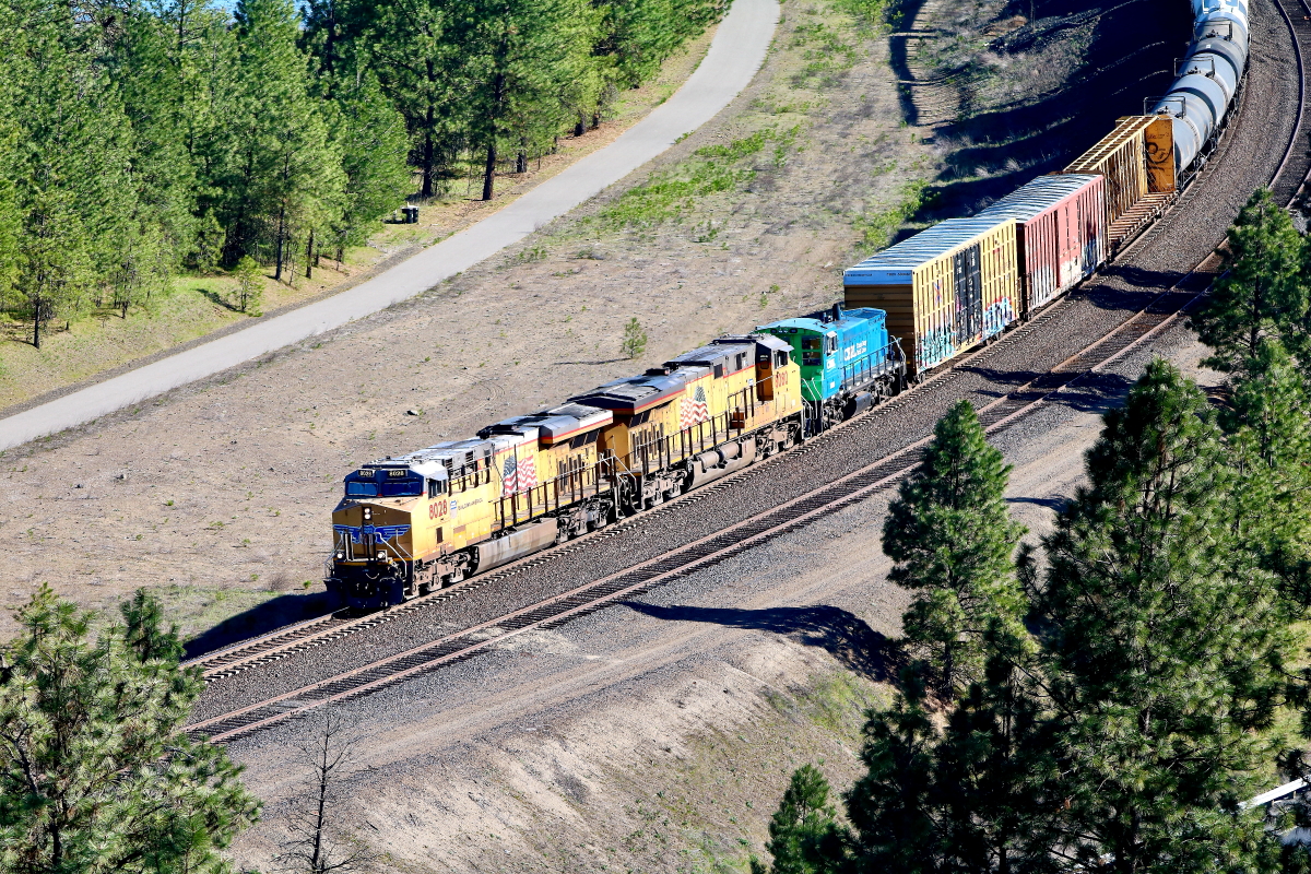 UP 8028  is a class GE ES44AC and  is pictured in Marshall, Washington, USA.  This was taken along the Ayers/UP on the Union Pacific Railroad. Photo Copyright: Rick Doughty uploaded to Railroad Gallery on 06/02/2024. This photograph of UP 8028  was taken on Saturday, April 20, 2024. All Rights Reserved. 