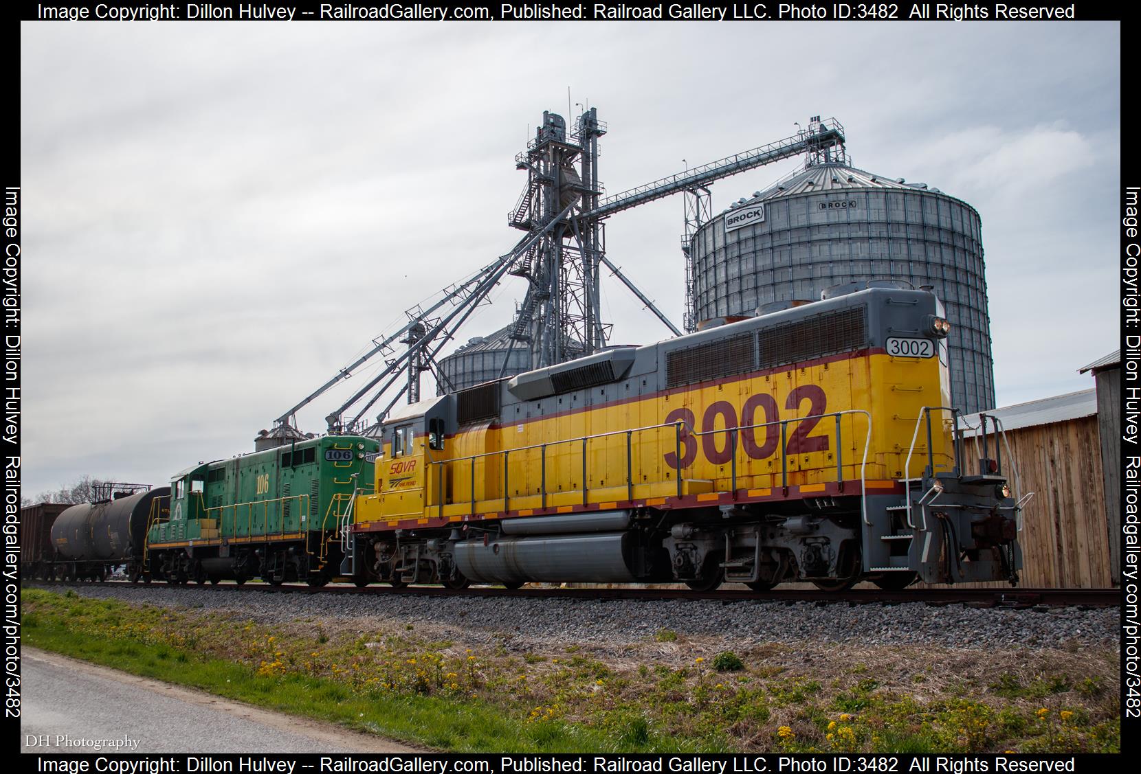 CFWR/SQVR 3002 CFWR 106 is a class EMD GP40 and GP7u and  is pictured in Manchester , Tennessee, United States.  This was taken along the Sparta Branch on the Caney Fork and Western Railroad. Photo Copyright: Dillon Hulvey uploaded to Railroad Gallery on 06/04/2024. This photograph of CFWR/SQVR 3002 CFWR 106 was taken on Wednesday, March 27, 2024. All Rights Reserved. 